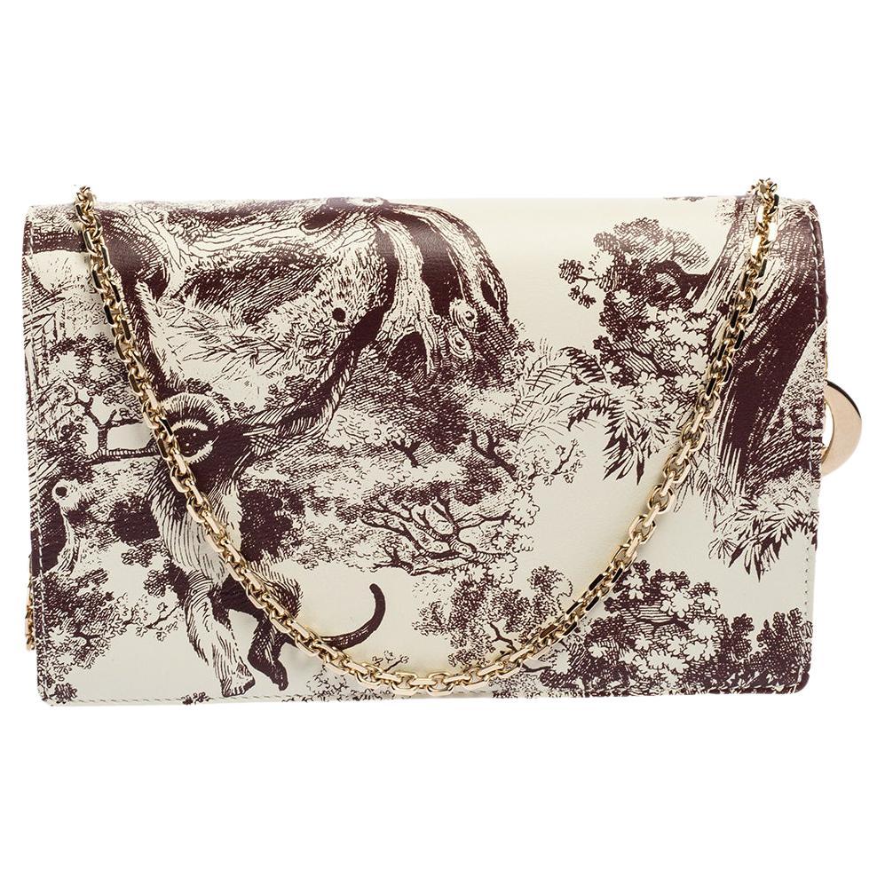 Dior White Printed Leather Lady Dior Toile de Jouy Wallet on Chain