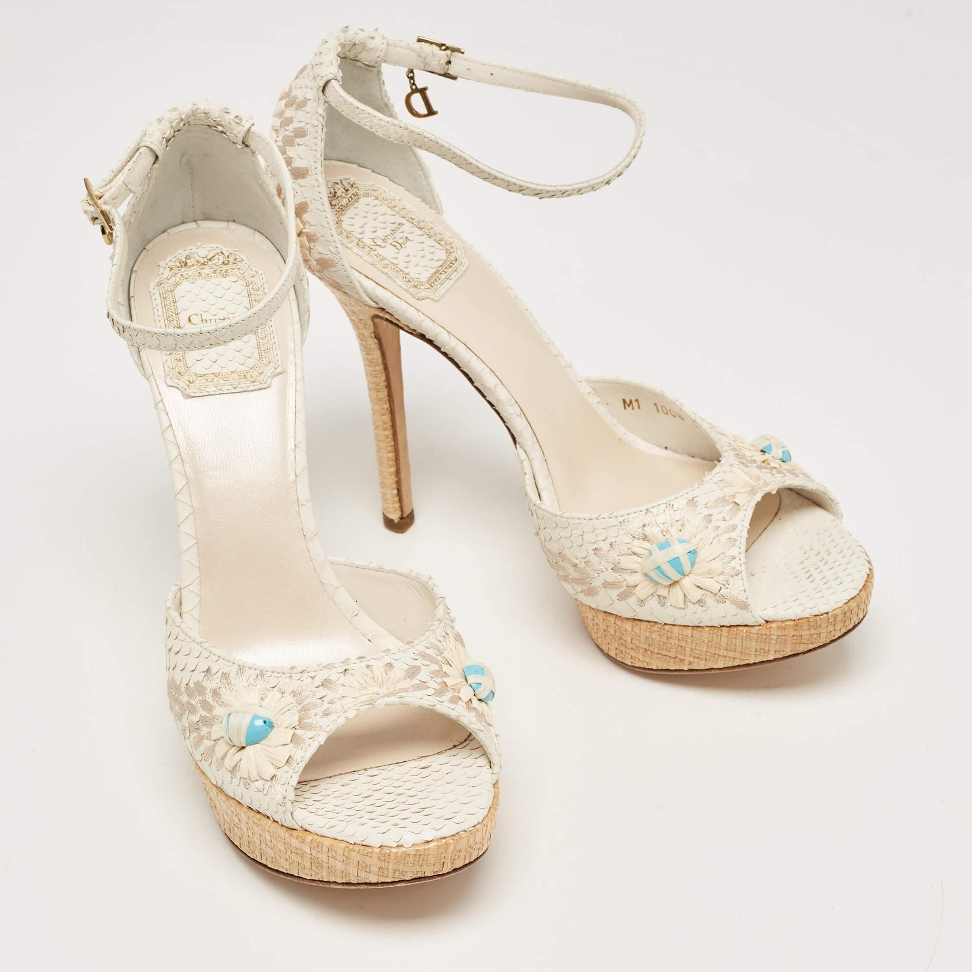 Women's Dior White Python Floral Embroidered Raffia Platform Ankle Strap Sandals Size 38