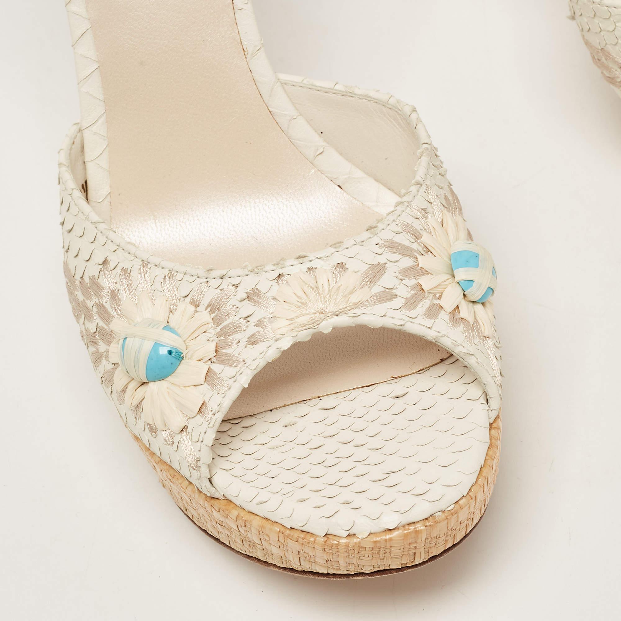 Dior White Python Floral Embroidered Raffia Platform Ankle Strap Sandals Size 38 1