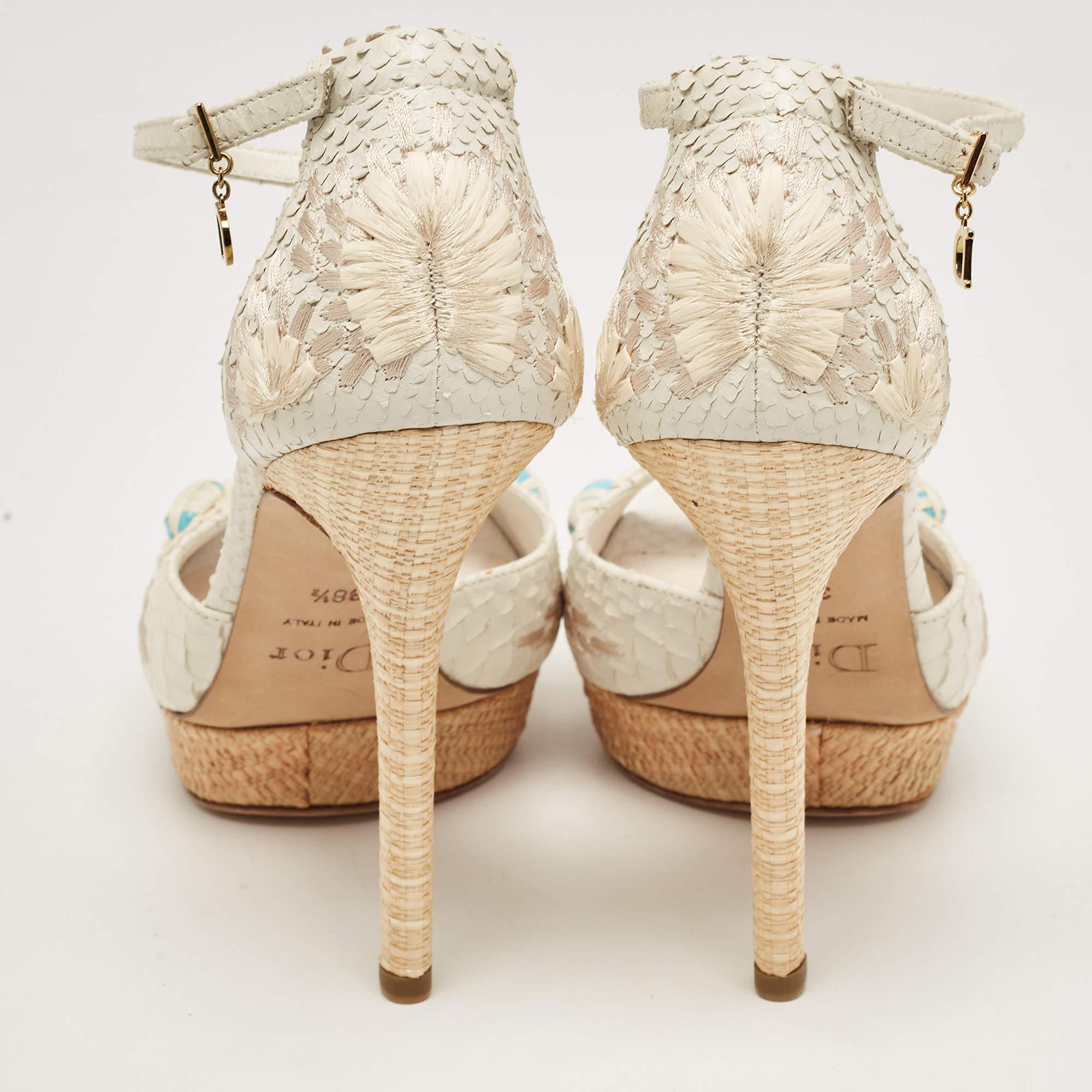 Dior White Python Floral Embroidered Raffia Platform Ankle Strap Sandals Size 38 2