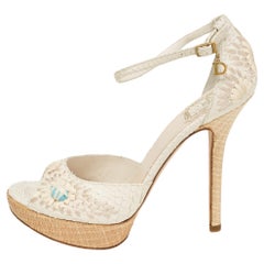 Dior White Python Floral Embroidered Raffia Platform Ankle Strap Sandals Size 38