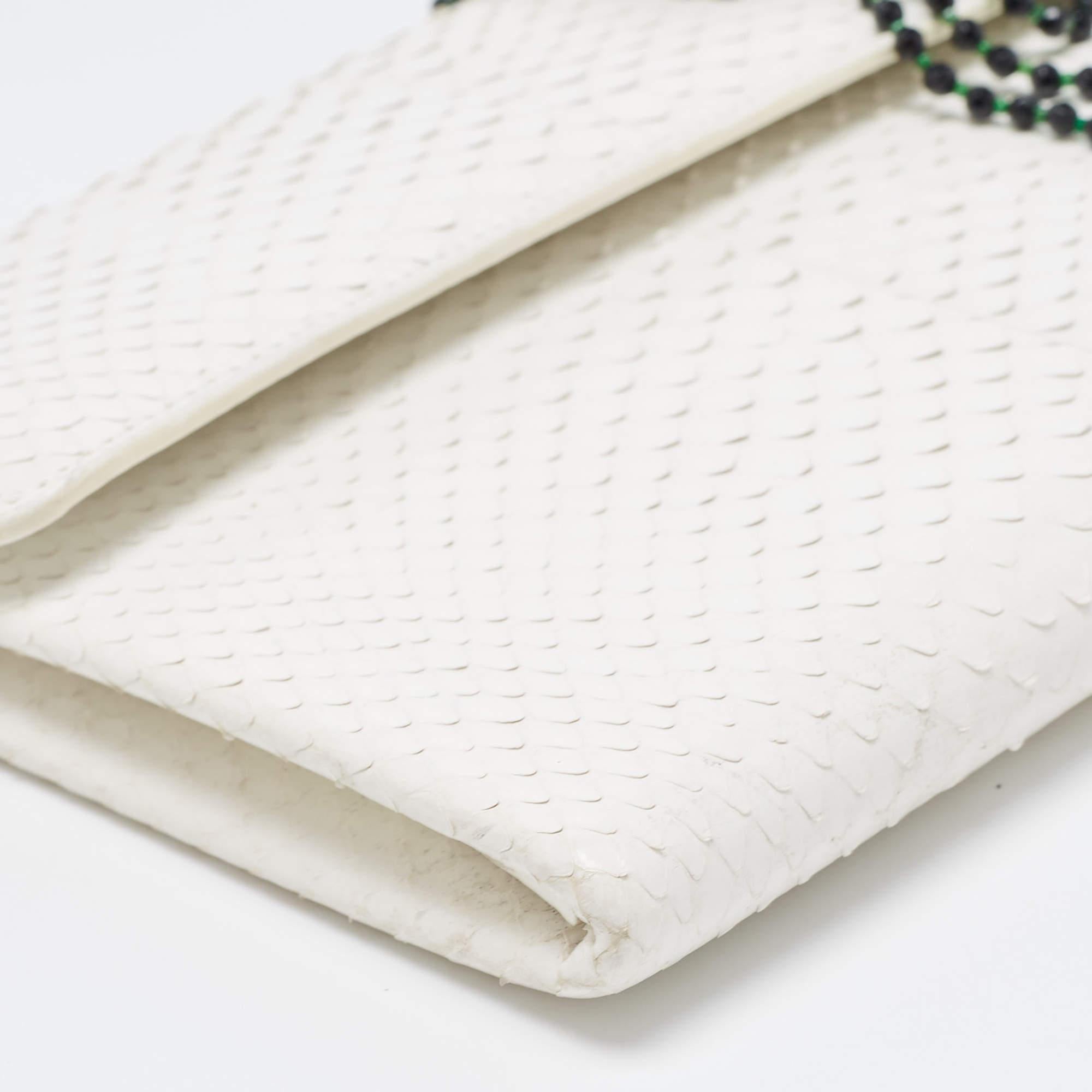 Women's Dior White Snakeskin Leather Beaded Tassel Clutch