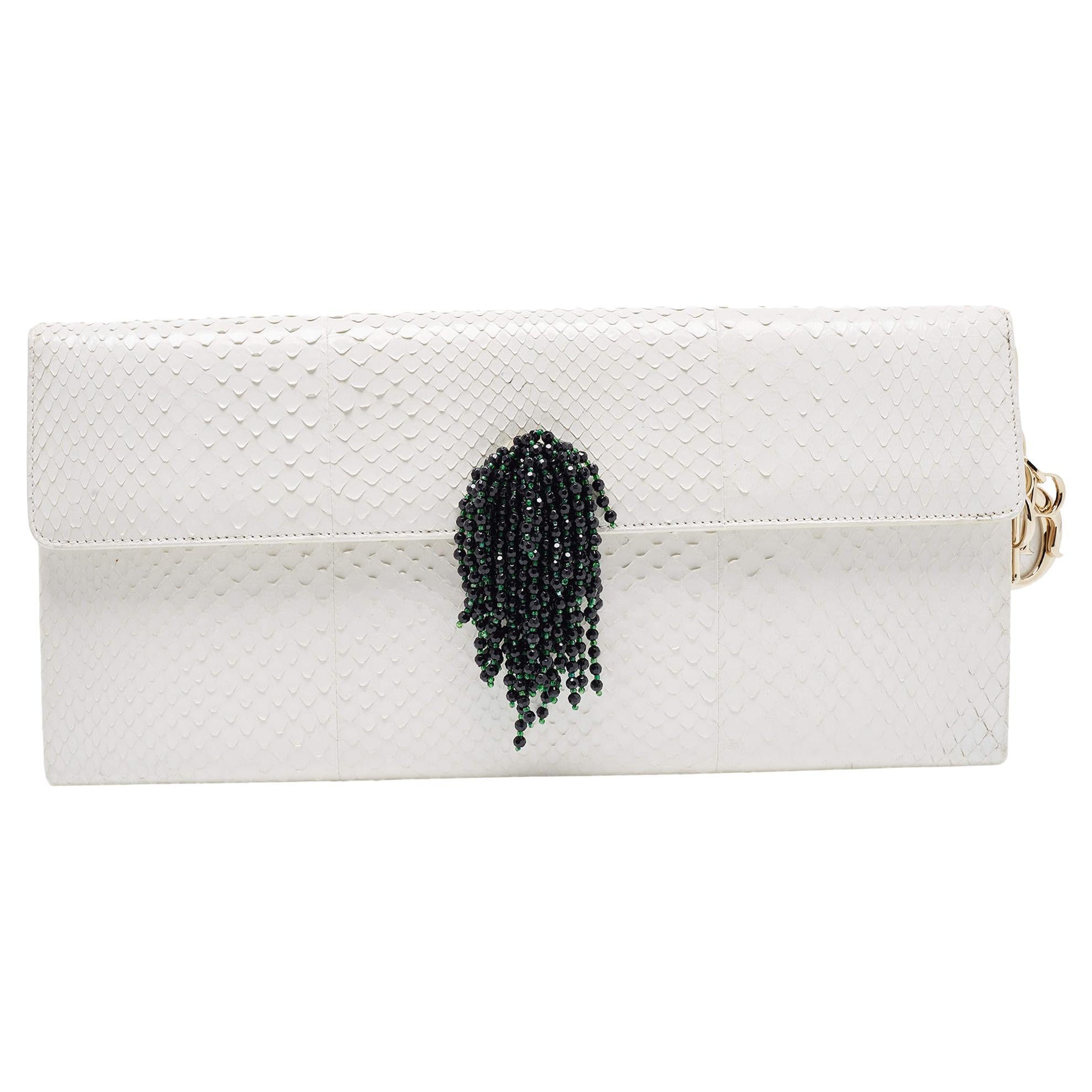 Dior White Snakeskin Leather Beaded Tassel Clutch