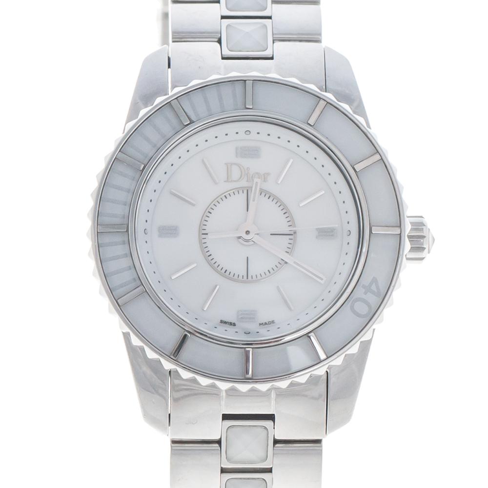 Contemporary Dior White Stainless Steel Christal CD112112 Women's Wristwatch 28.5 mm