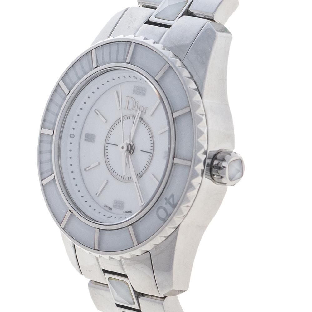 Dior White Stainless Steel Christal CD112112 Women's Wristwatch 28.5 mm In Good Condition In Dubai, Al Qouz 2