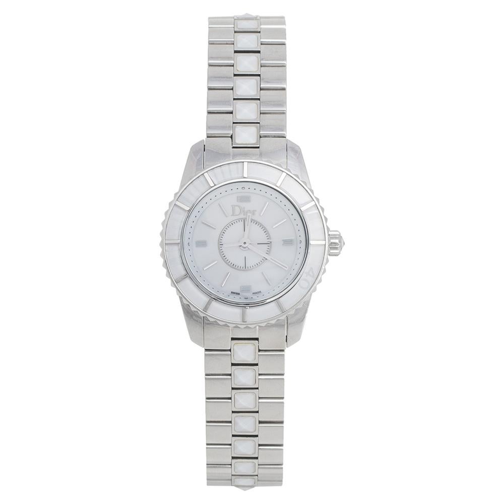 Dior White Stainless Steel Christal CD112112 Women's Wristwatch 28.5 mm