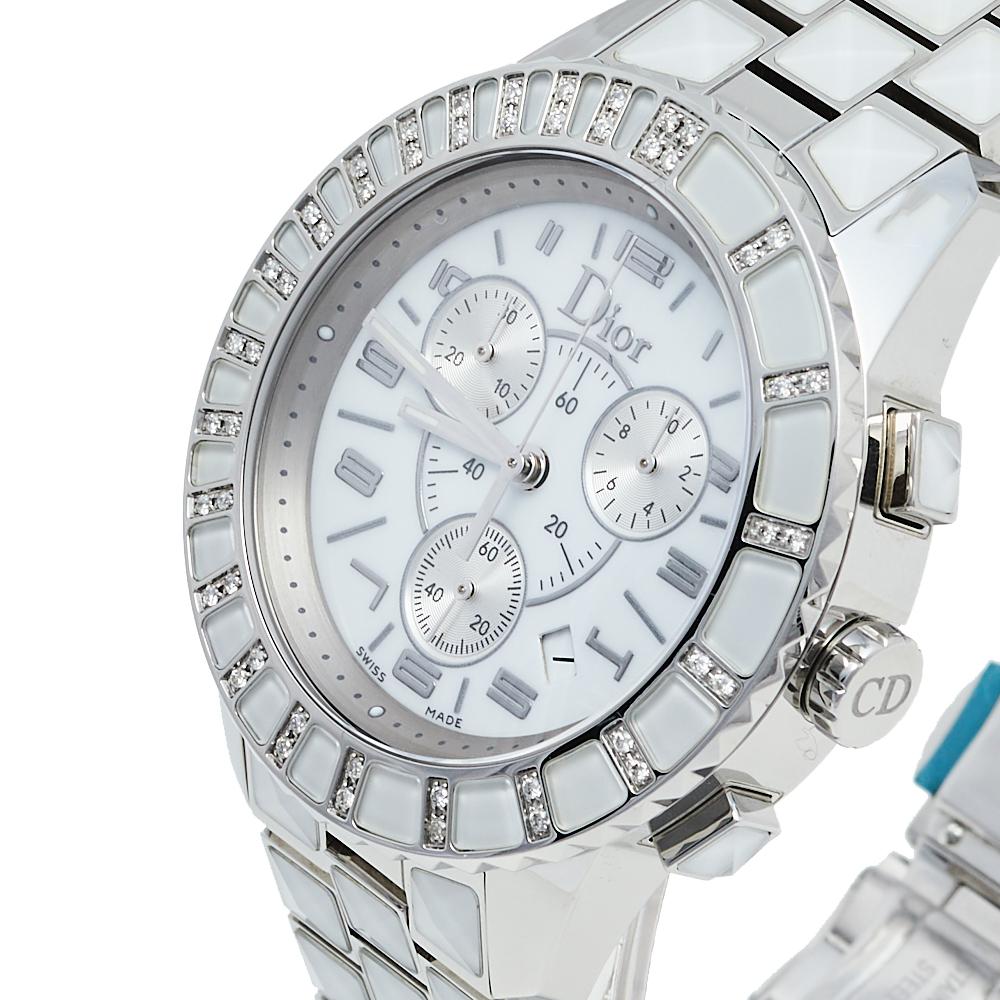 Here's a timepiece that will not only assist you with the correct time but also elevate your style quotient. This Dior watch is from their Christal collection, and it is Swiss-made. It has a stylish stainless steel and crystal-studded case of