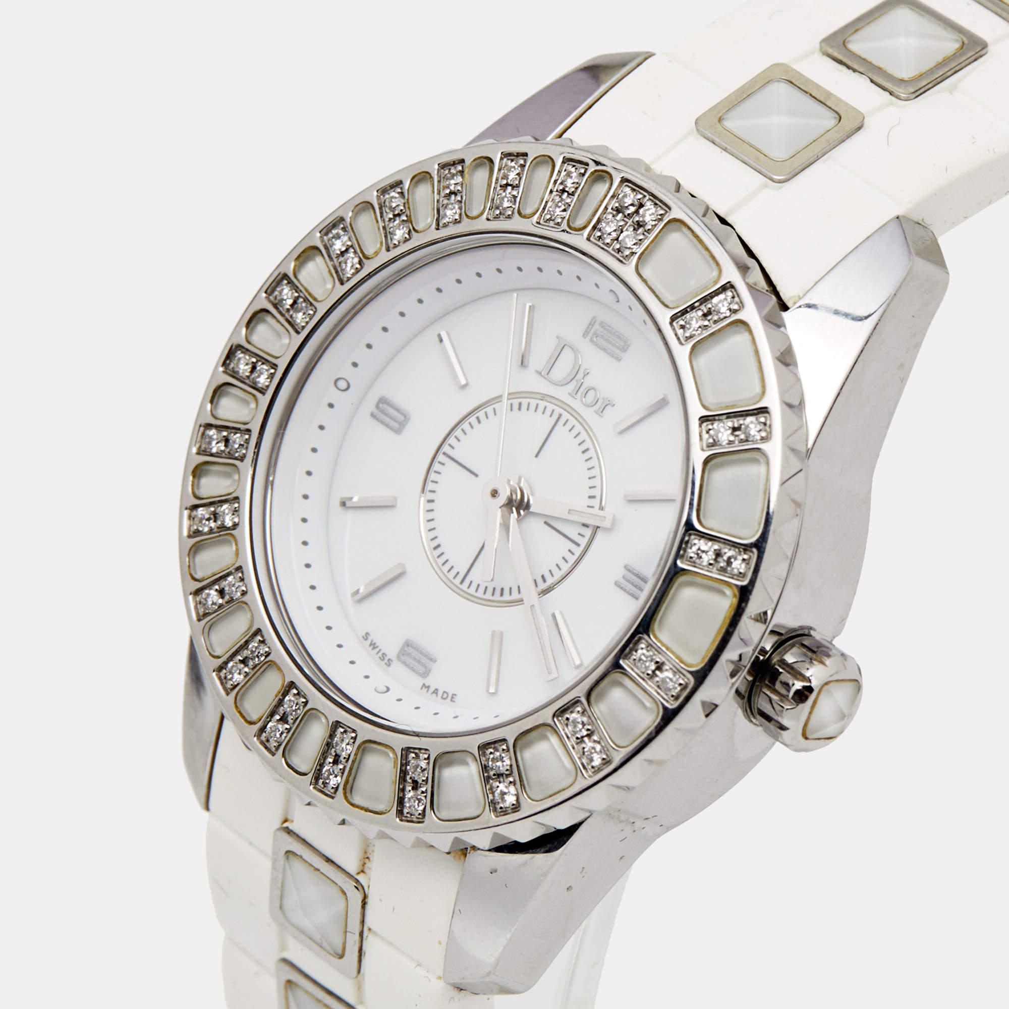 Uncut Dior White Stainless Steel Rubber Diamonds Christal CD112113R001 Women's Wristwa