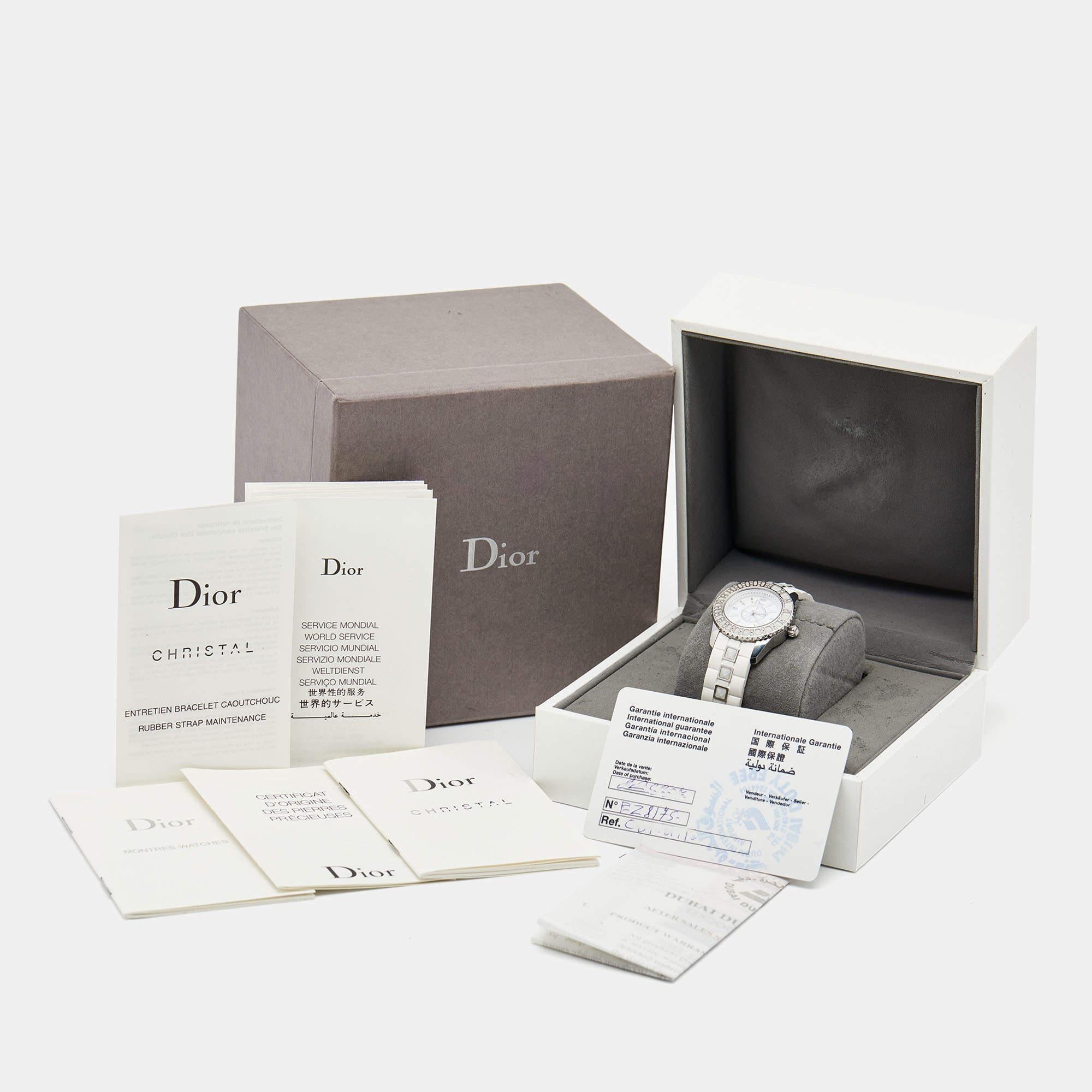 Dior White Stainless Steel Rubber Diamonds Christal CD112113R001 Women's Wristwa In Good Condition In Dubai, Al Qouz 2