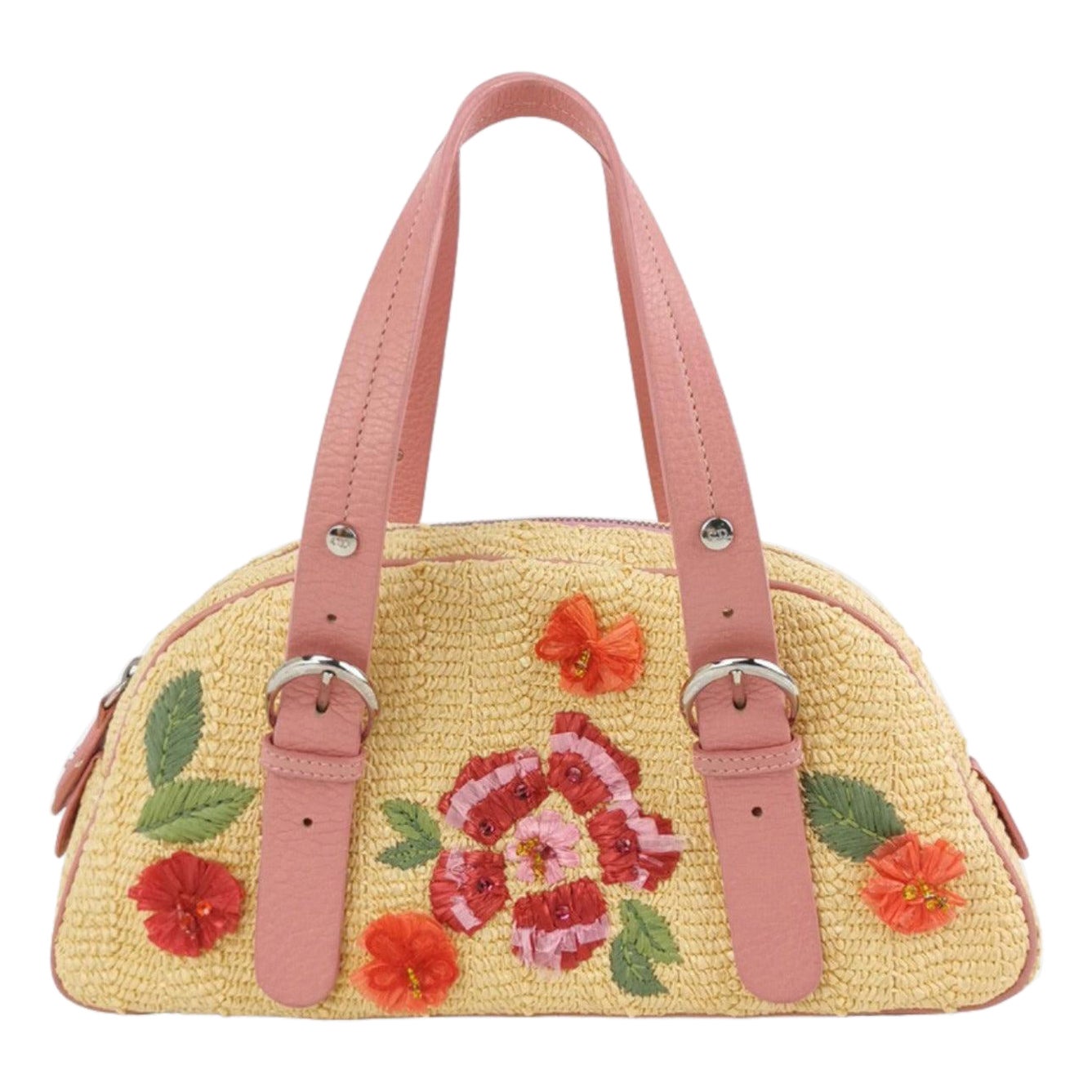 Dior Wicker Boston Bag Floral Embroidery Pink Leather