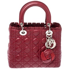 Dior Wine Red Cannage Leather Medium Lady Dior Ruffle Tote