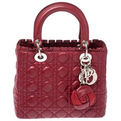Dior Wine Red Cannage Leather Medium Lady Dior Ruffle Tote