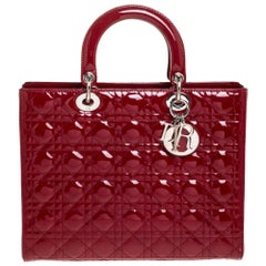 Dior Wine Red Cannage Patent Leather Large Lady Dior Tote