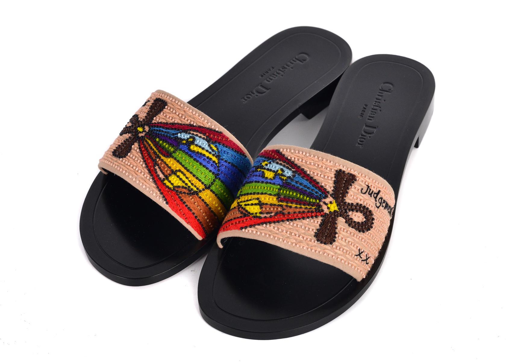 Brown Dior Women's Black Dior Tarot Judgement Embroidered Slippers For Sale