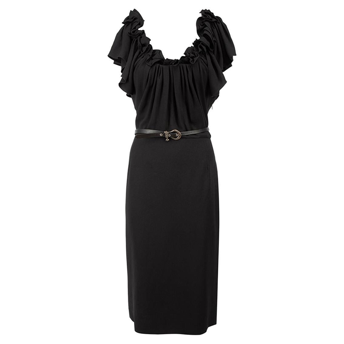 Dior Women's Black Ruffle Off the Shoulder Belted Dress