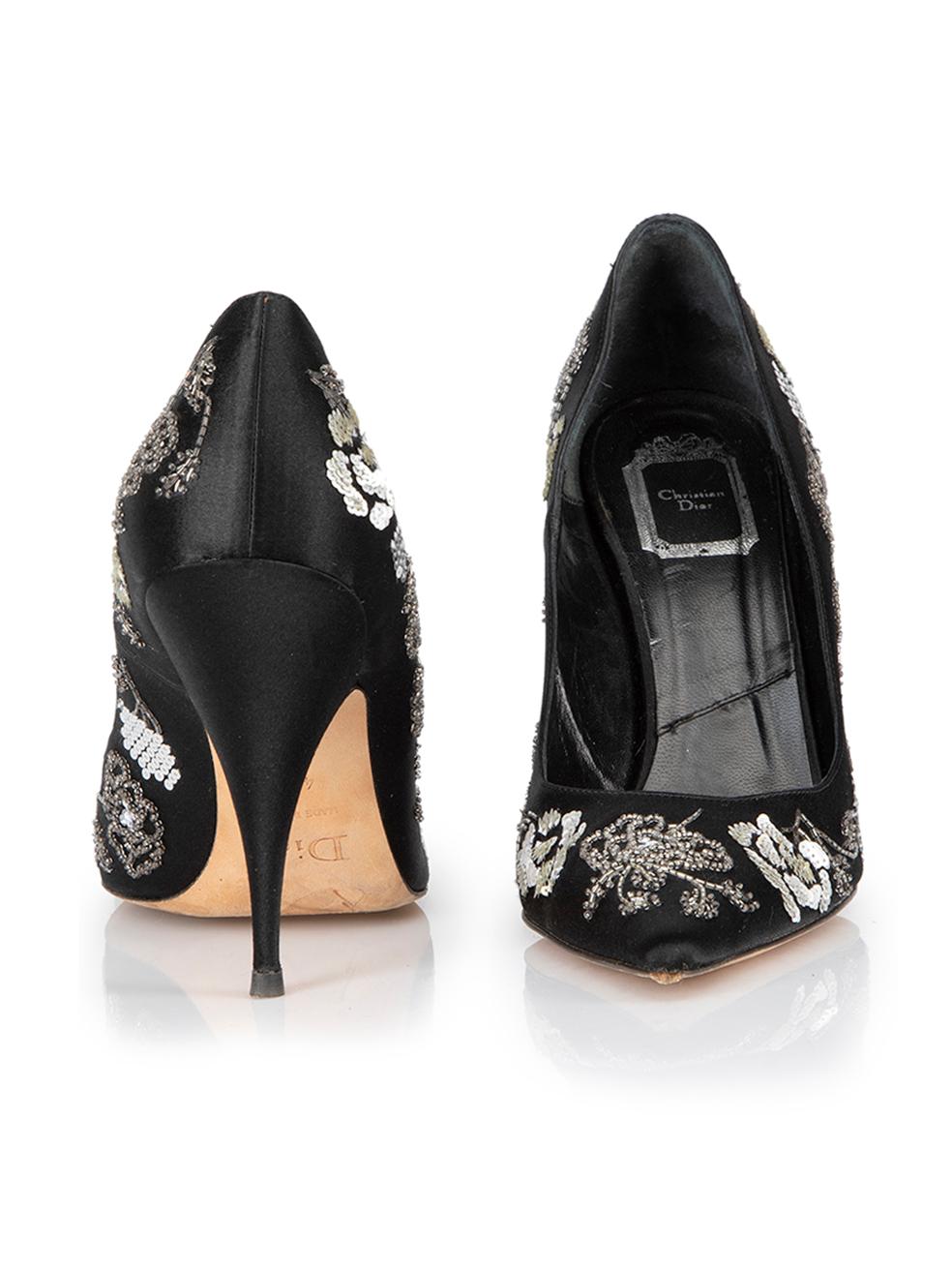 Dior Women's Black Satin Floral Embellished Pumps In Good Condition In London, GB