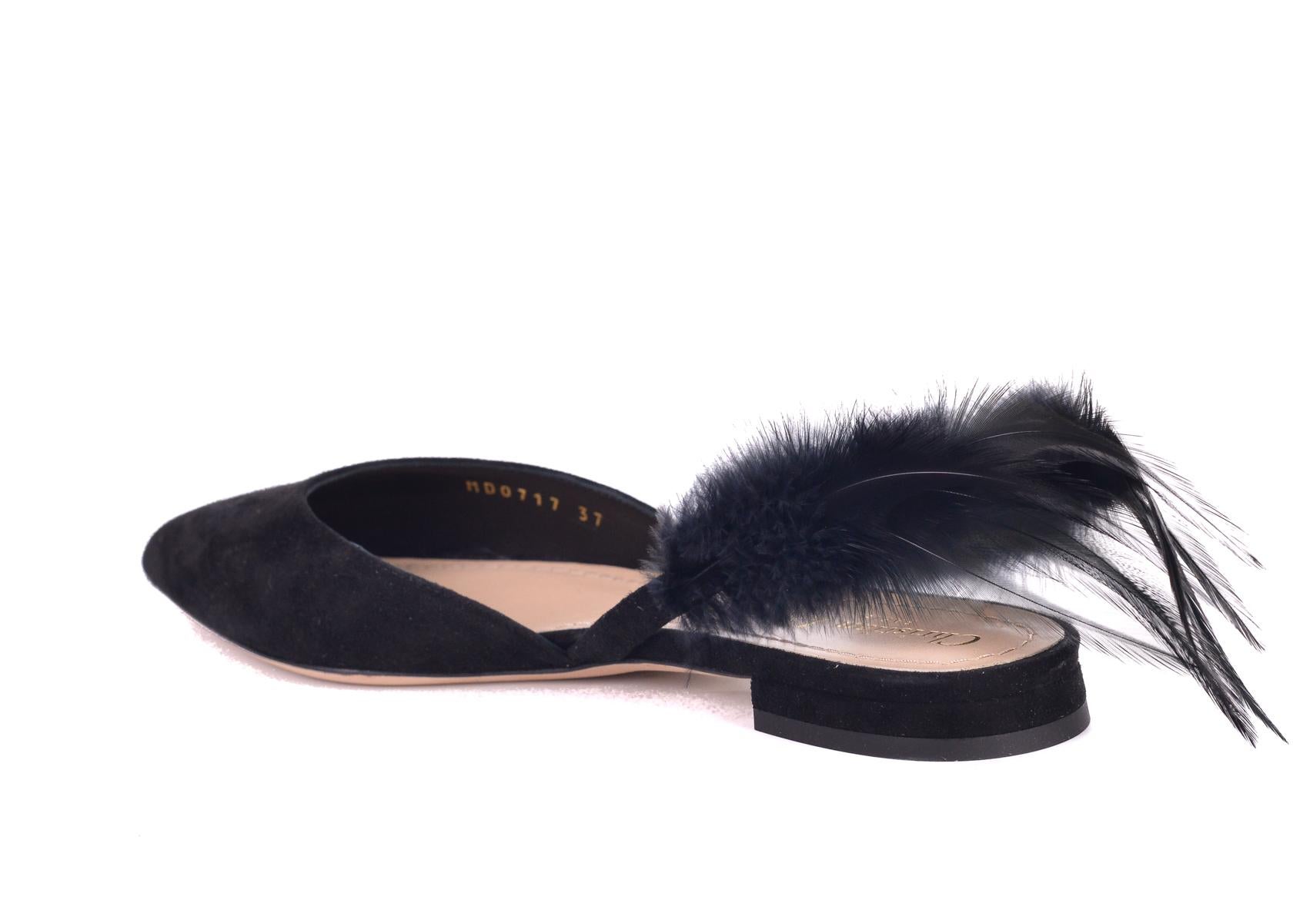Dior Women's Black Suede Dior Ethnie Feather Flats In New Condition For Sale In Brooklyn, NY