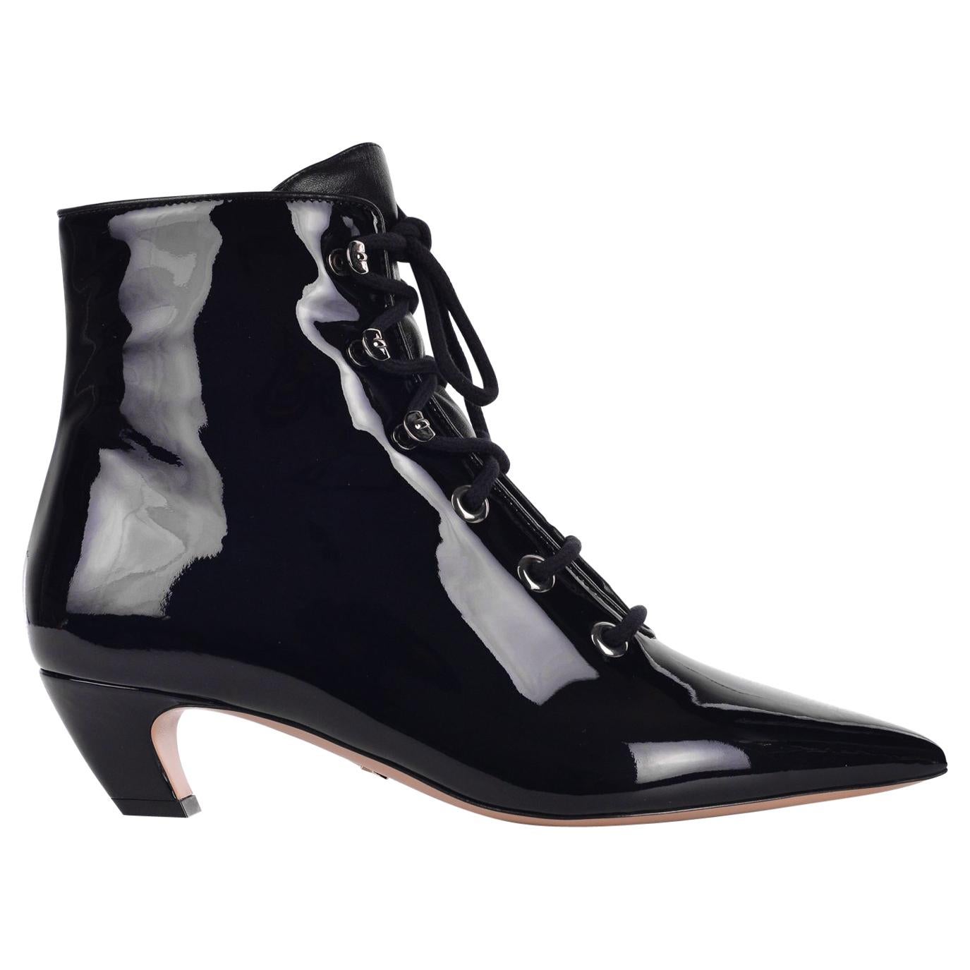 Dior Women's I-Dior Black Patent Leather Lace Up Boots For Sale