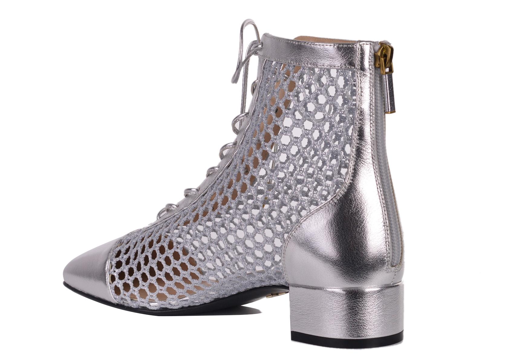 Dior Women's Naughtily-D Silver Laminated Leather Mesh Ankle Boots In New Condition For Sale In Brooklyn, NY