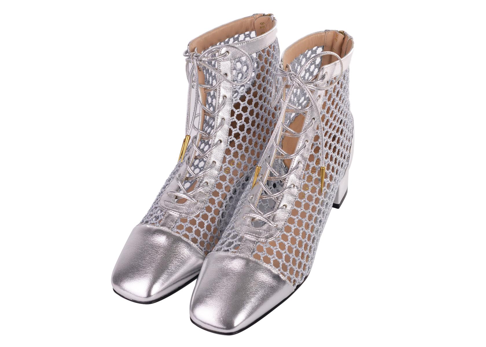Dior Women's Naughtily-D Silver Laminated Leather Mesh Ankle Boots For Sale 1