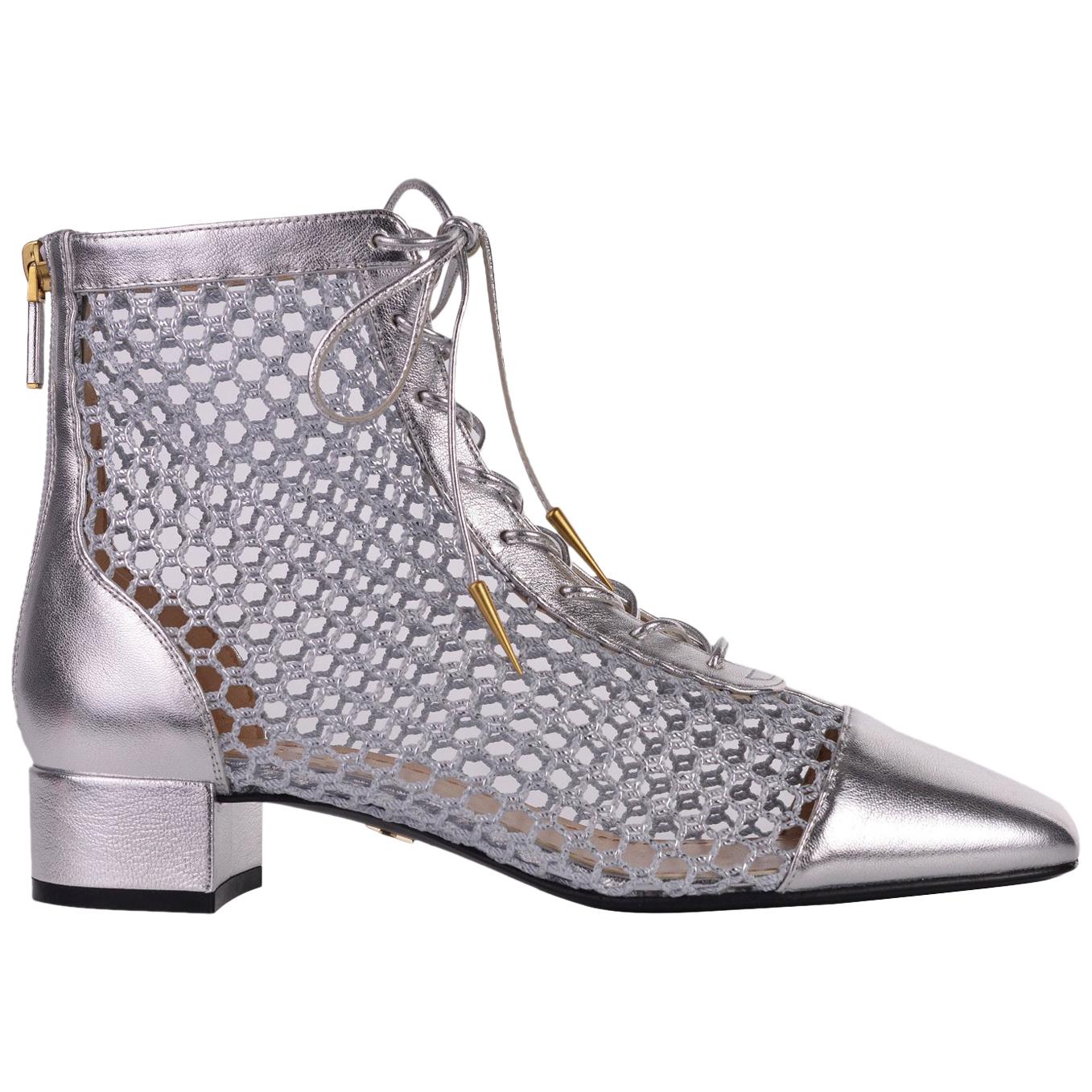 Dior Women's Naughtily-D Silver Laminated Leather Mesh Ankle Boots For Sale