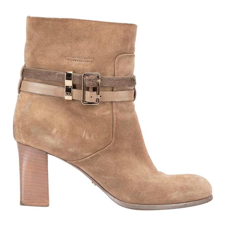 Dior Women
s Taupe Suede Double Buckled Straps Ankle Boots