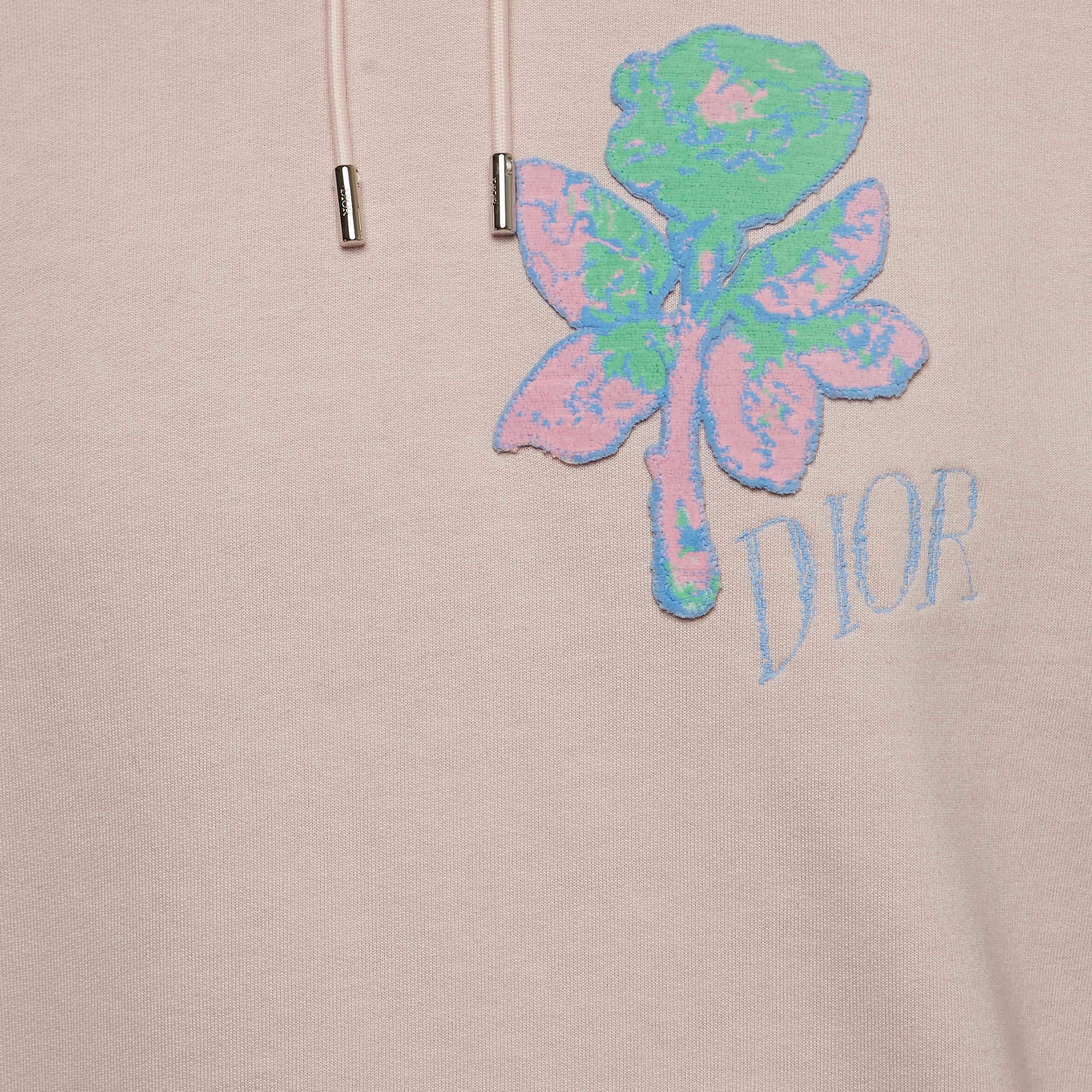 Dior X Alex Foxton Pink Rose Embroidered Cotton Hoodie M In Good Condition For Sale In Dubai, Al Qouz 2