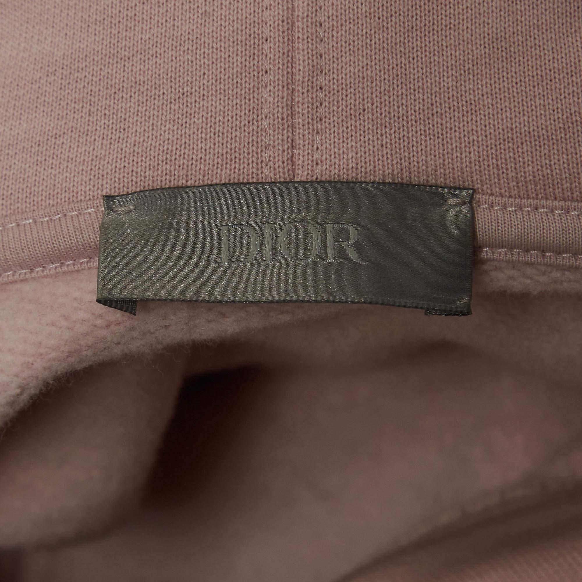 Dior X Alex Foxton Pink Rose Embroidered Cotton Hoodie M For Sale 1