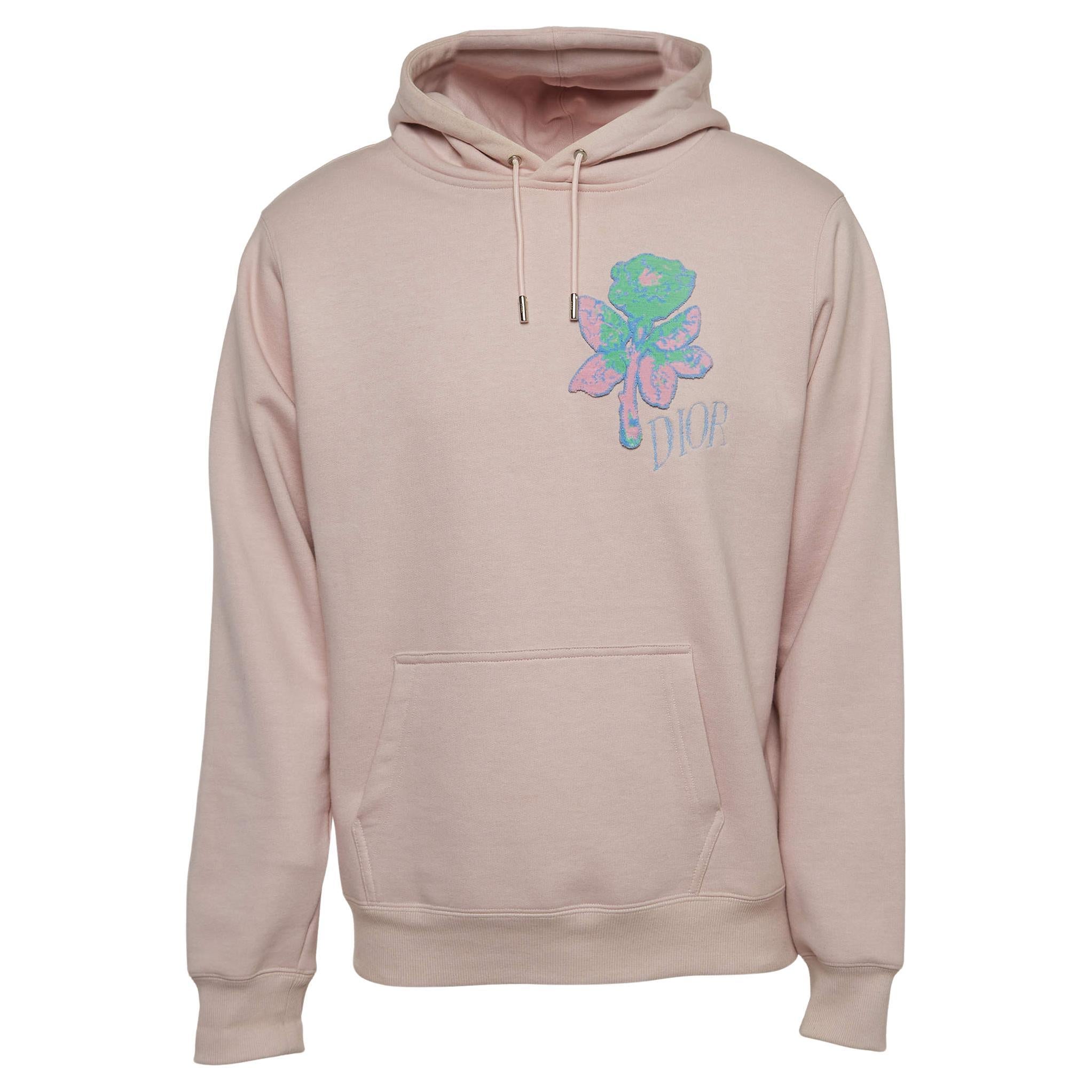 Dior X Alex Foxton Pink Rose Embroidered Cotton Hoodie M For Sale