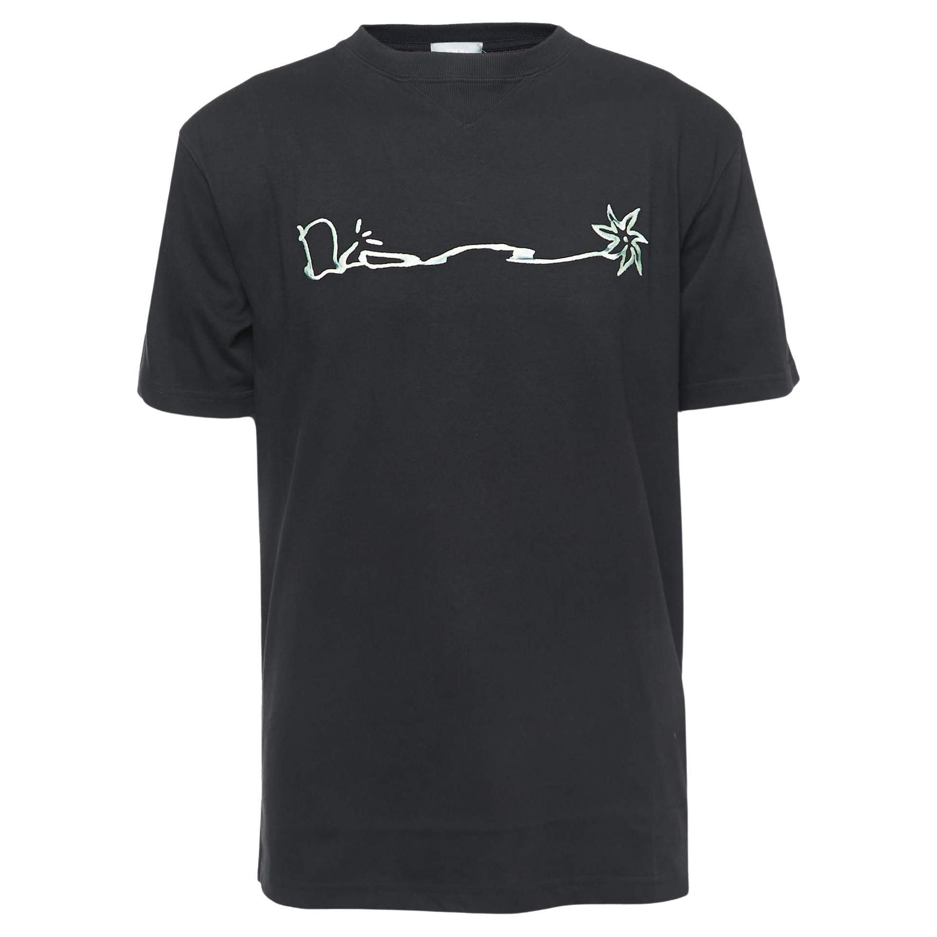 Dior X Cactus Jack Black Embroidered Crew Neck T-Shirt S For Sale