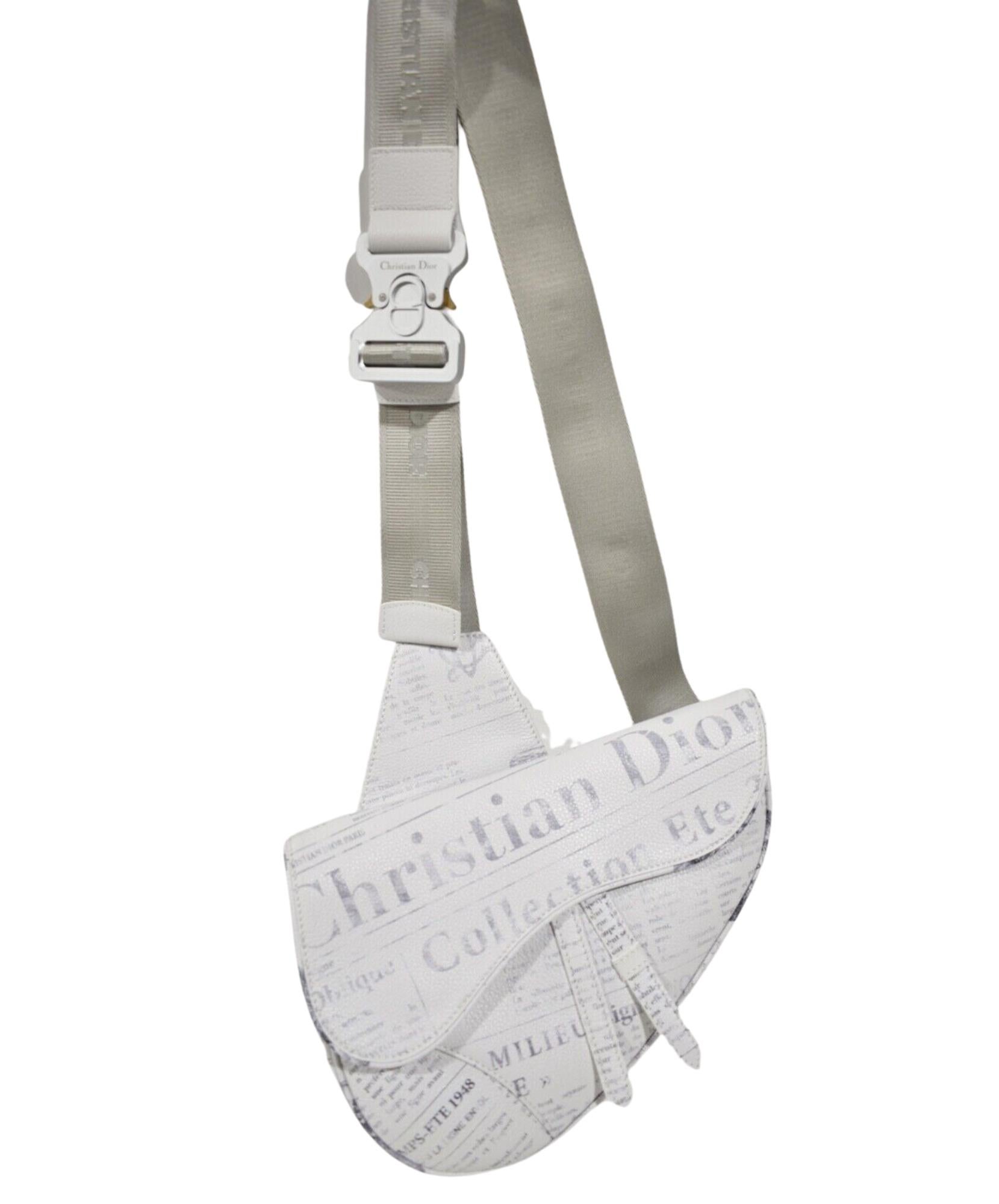 Dior X Daniel Arsham Grained Calfskin White Newspaper Print Saddle Bag For Sale 1