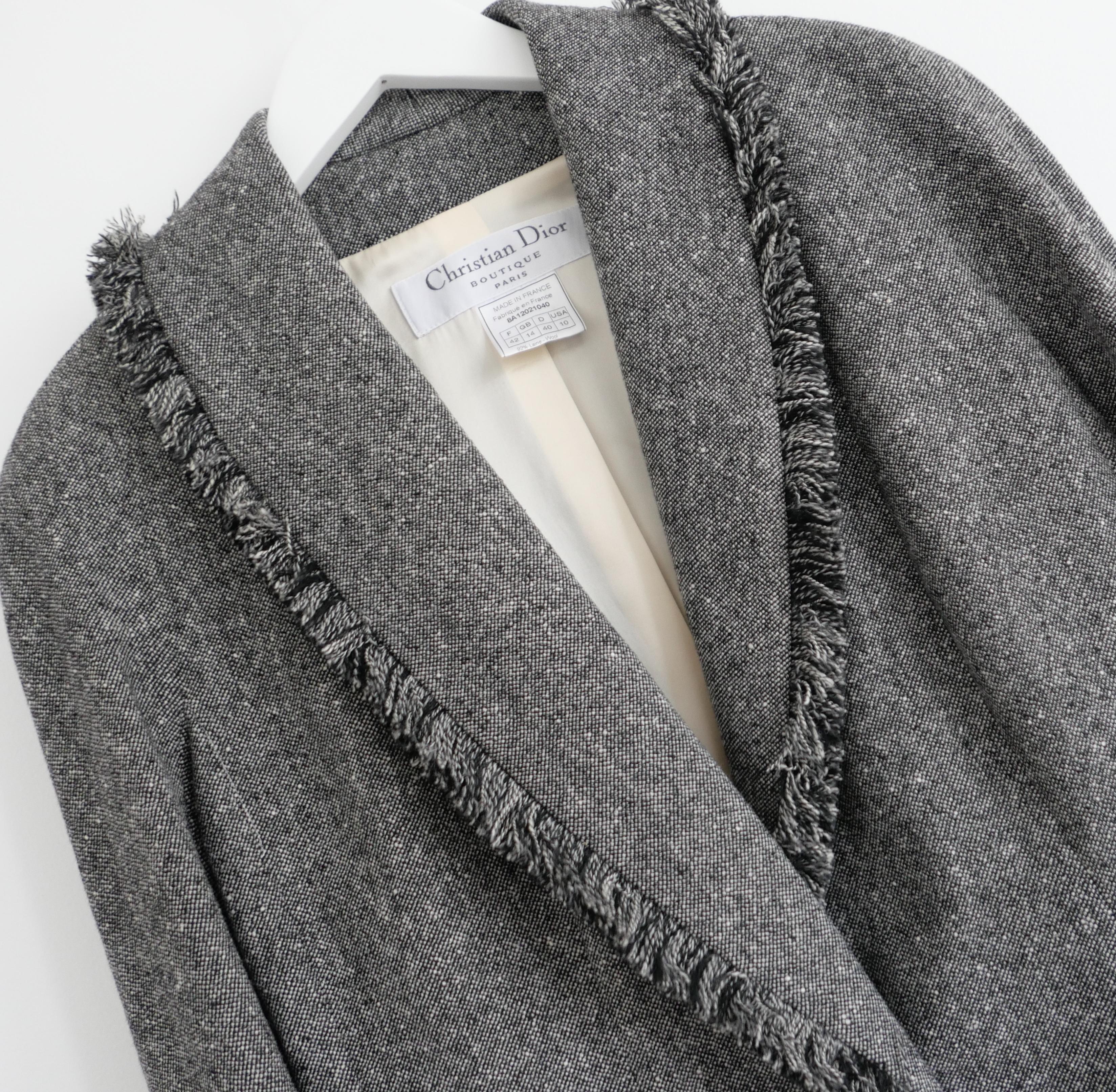 Classic cool vintage Christian Dior x Galliano jacket from the Fall 2008 collection. In amazing worn twice condition. Made from mid weight grey speckled wool, cashmere and elastane tweed with subtly punky shredded edgings. Gorgeously cut with nods