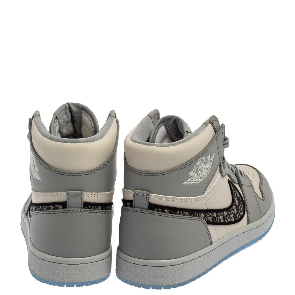 Gray Dior x Jordan Grey/White Leather Air Jordan 1 High Top Sneakers Size 42.5