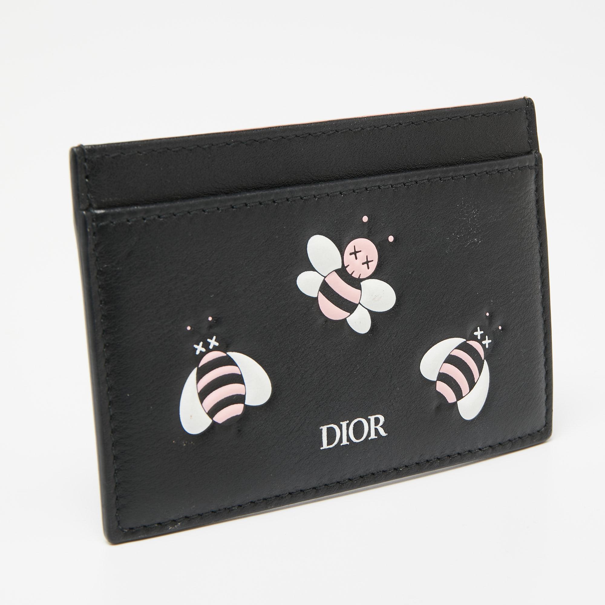 Noir Dior x Kaws - Porte-cartes en cuir noir/rose en forme d'abeilles