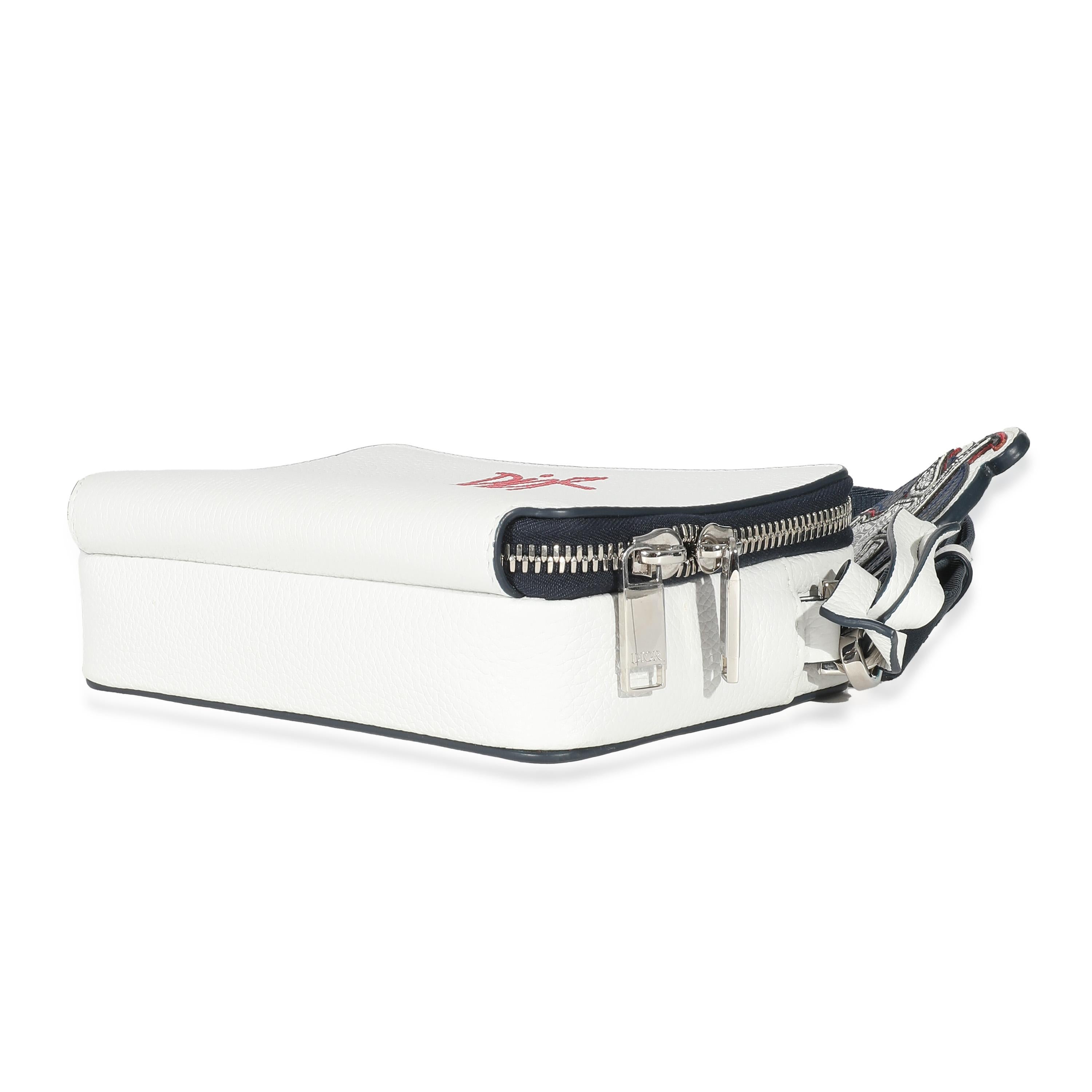 Gray Dior x Shawn Stussy White Grained Calfskin Double Zip Crossbody Pouch
