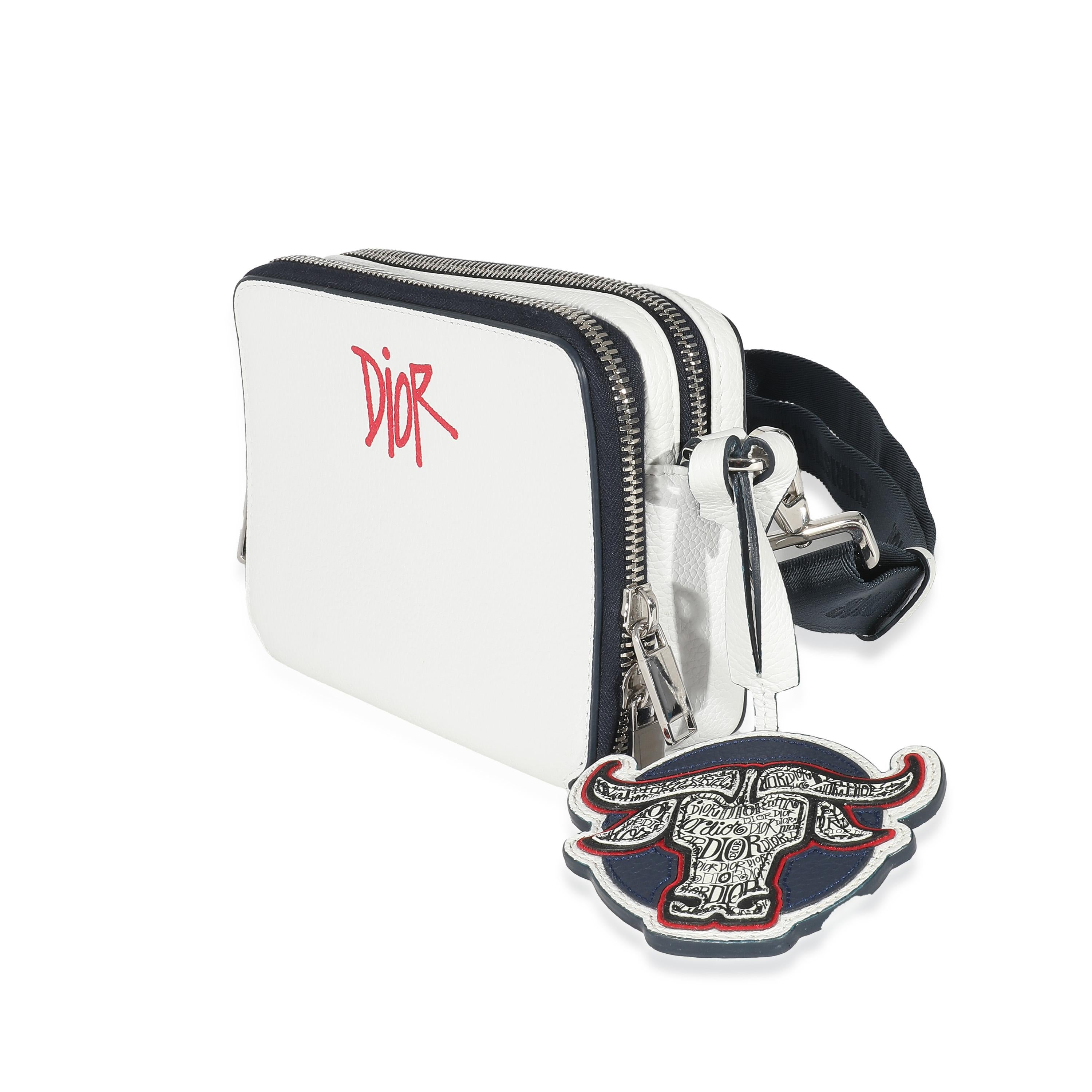 Dior x Shawn Stussy White Grained Calfskin Double Zip Crossbody Pouch In Excellent Condition In New York, NY