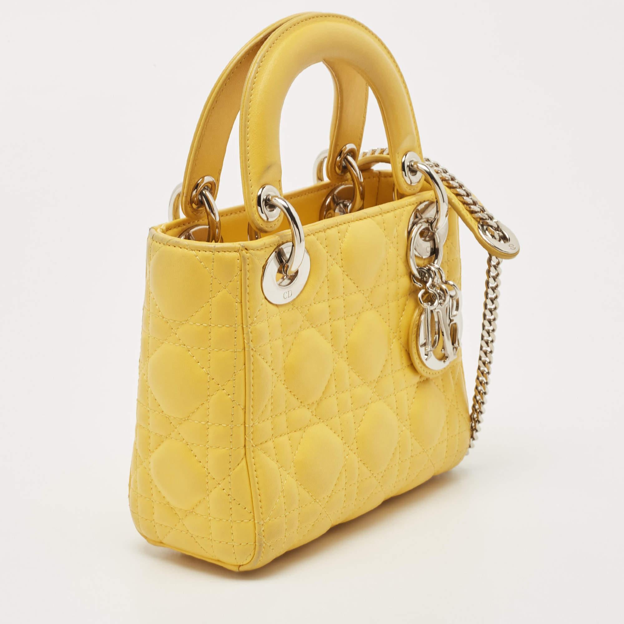 Dior Yellow Cannage Leather Mini Chain Lady Dior Tote In Good Condition In Dubai, Al Qouz 2
