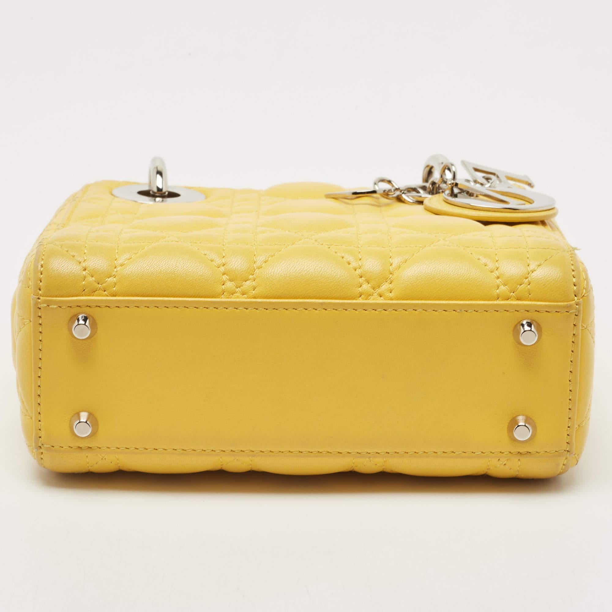 De las mujeres Dior Amarillo Cannage Piel Mini Cadena Lady Dior Tote