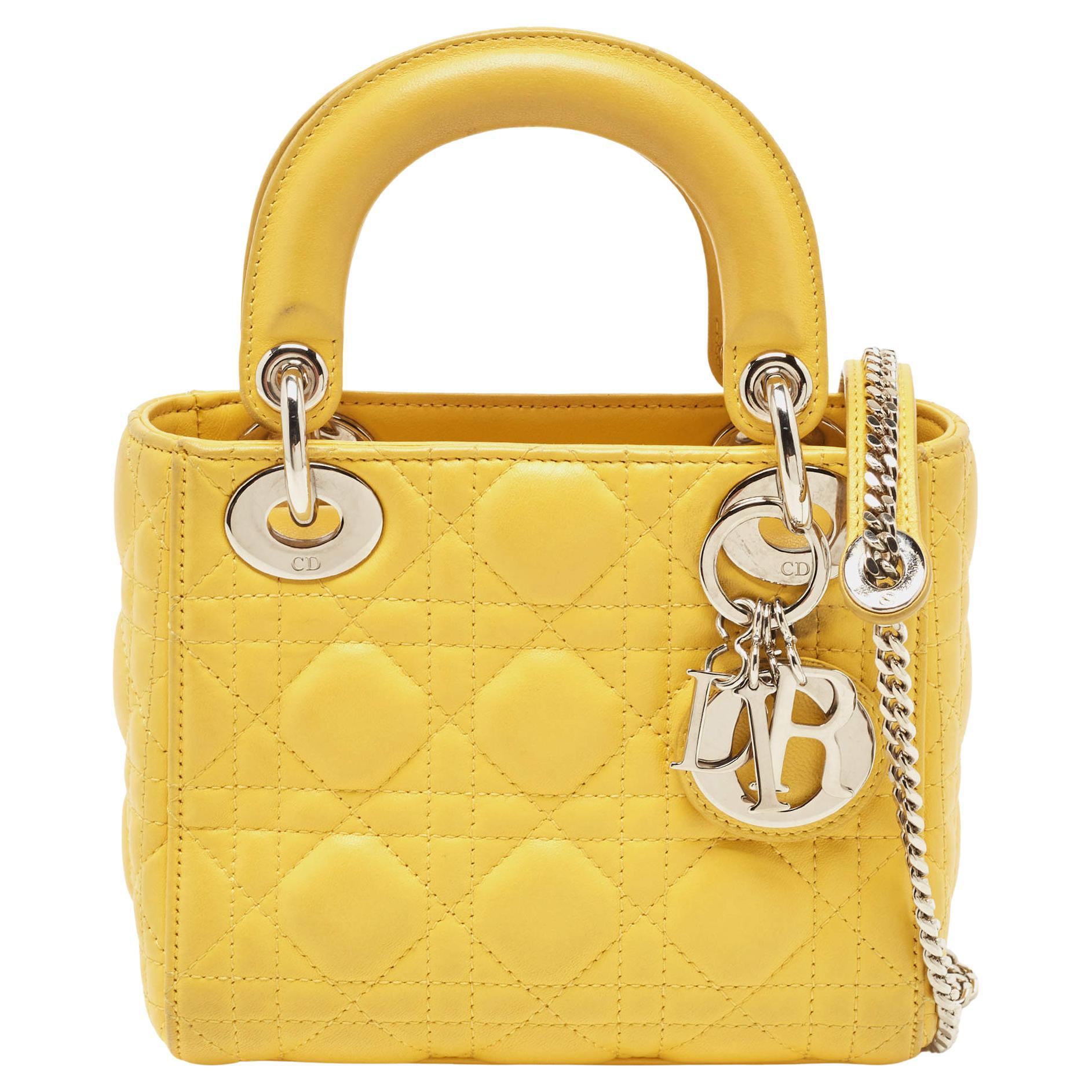 Dior Yellow Cannage Leather Mini Chain Lady Dior Tote at 1stDibs