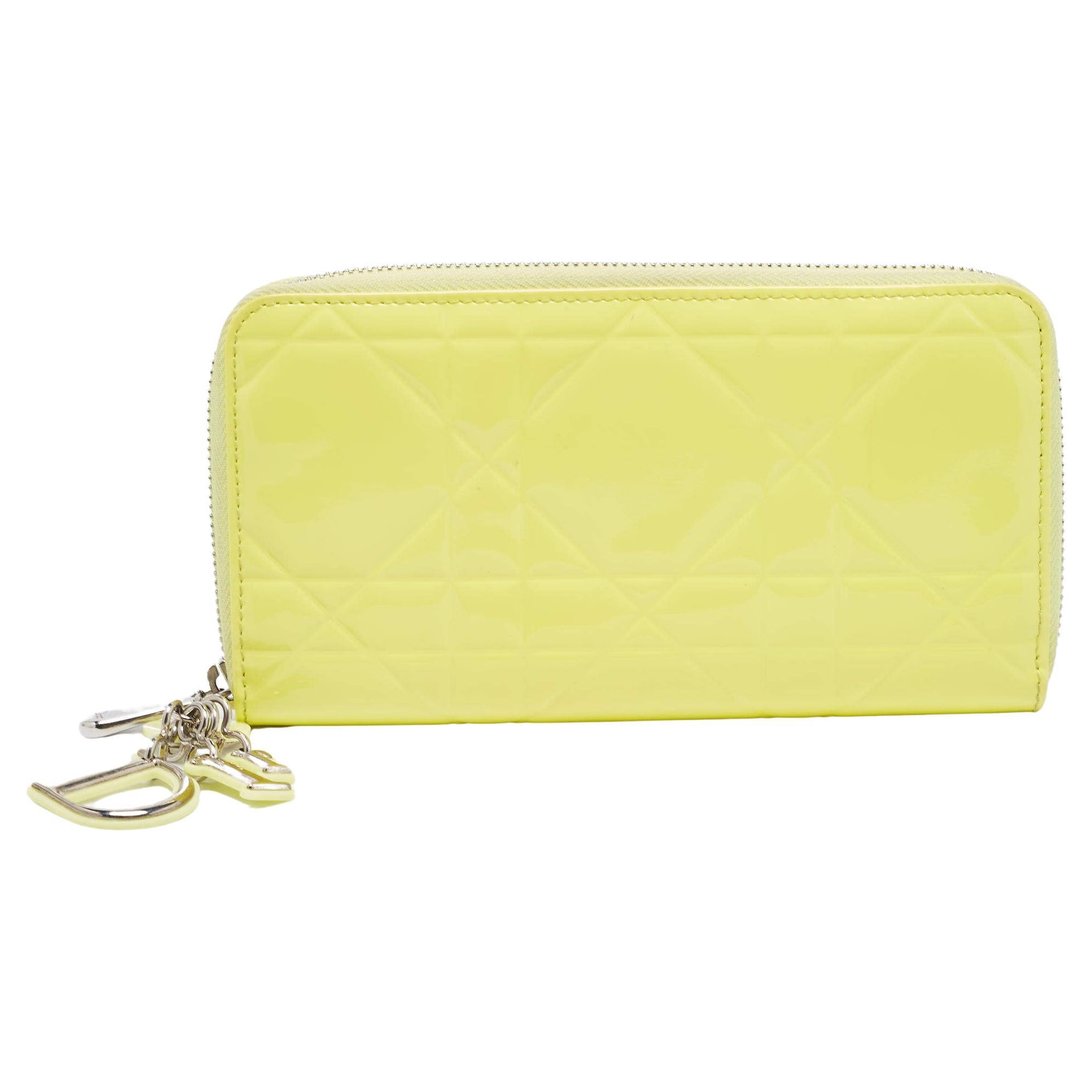 Dior Yellow Cannage Patent Leather Lady Dior Continental Wallet For Sale