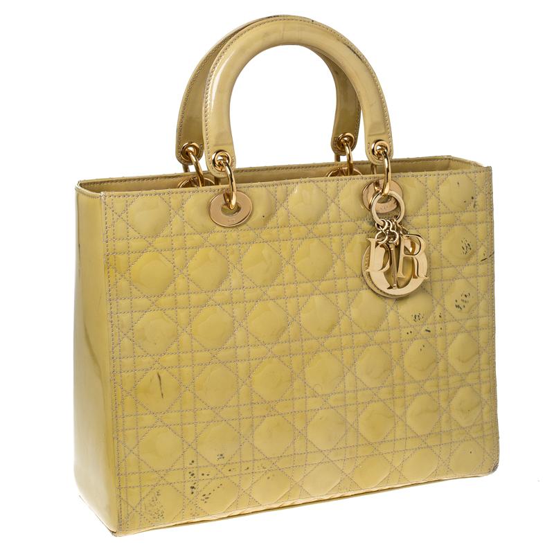 Dior Yellow Cannage Patent Leather Large Lady Dior Tote In Good Condition In Dubai, Al Qouz 2