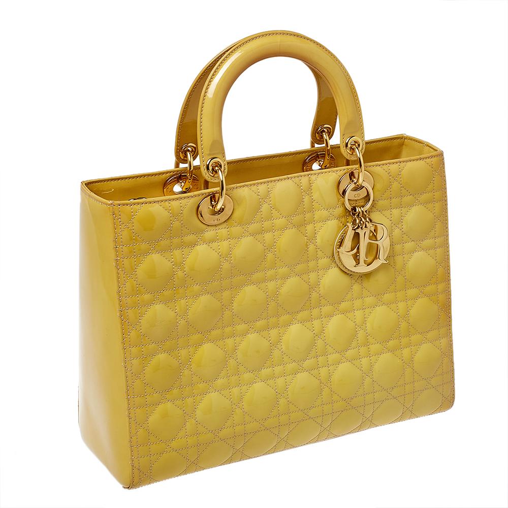 Dior Yellow Cannage Patent Leather Large Lady Dior Tote In Fair Condition In Dubai, Al Qouz 2