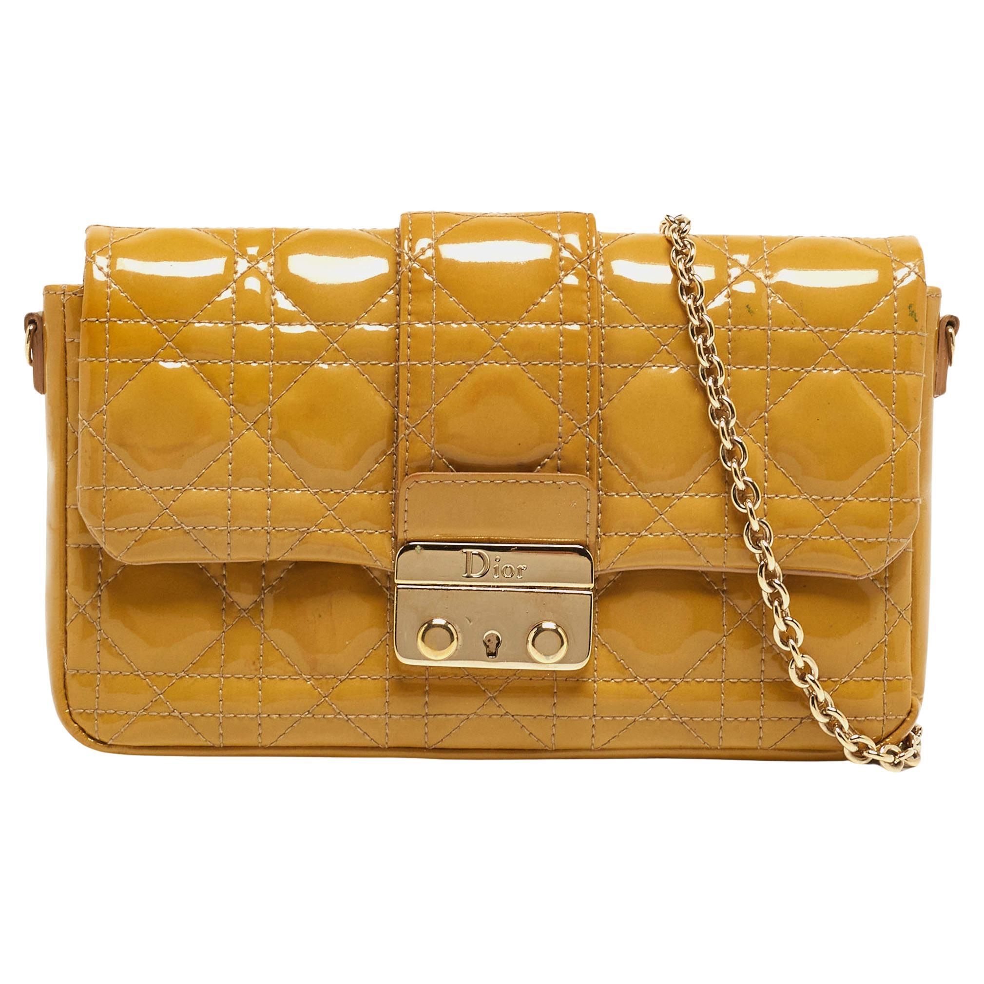 Dior Yellow Cannage Patent Leather Miss Dior Promenade Chain Clutch For Sale