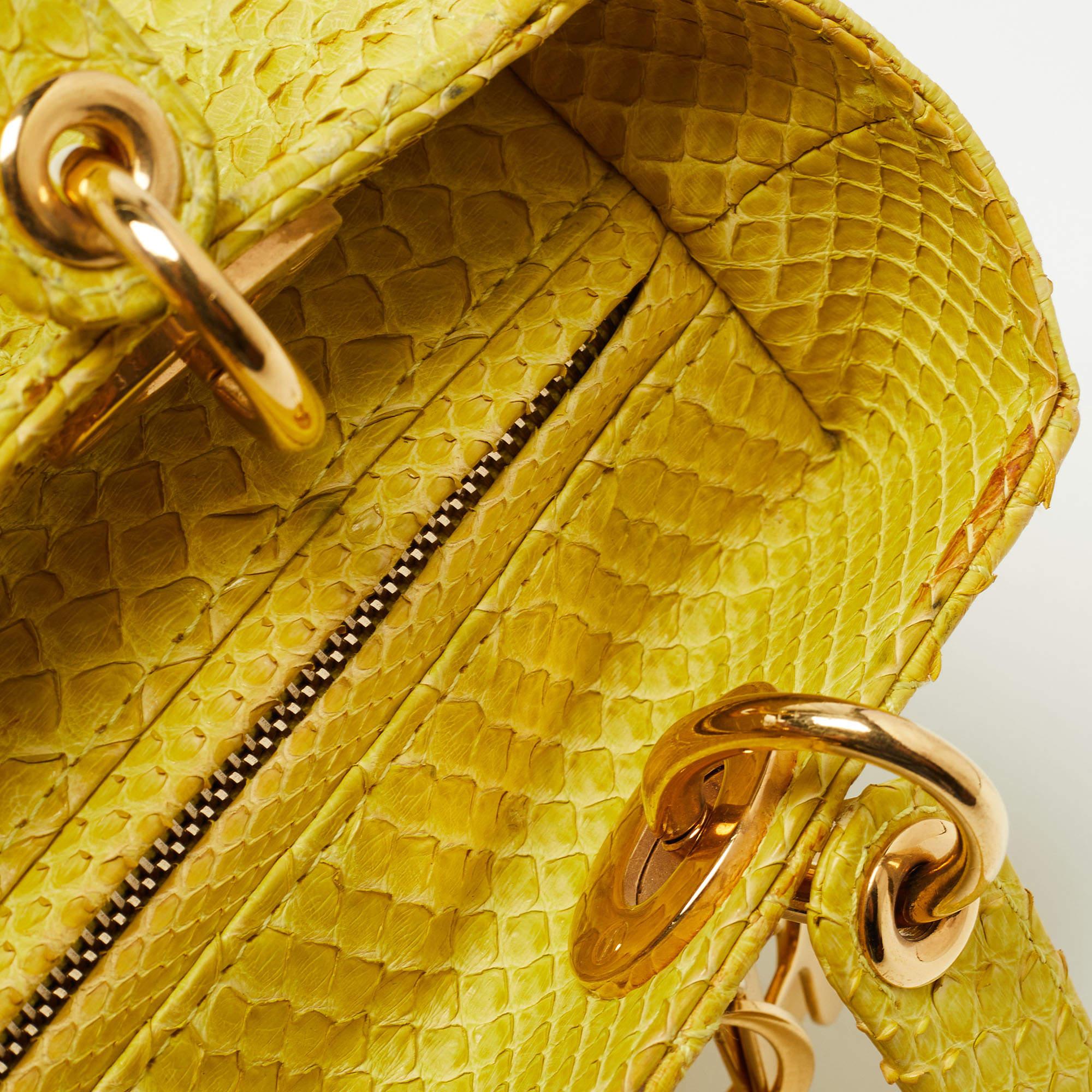 Dior Yellow Cannage Python Leather Medium Lady Dior Tote For Sale 7
