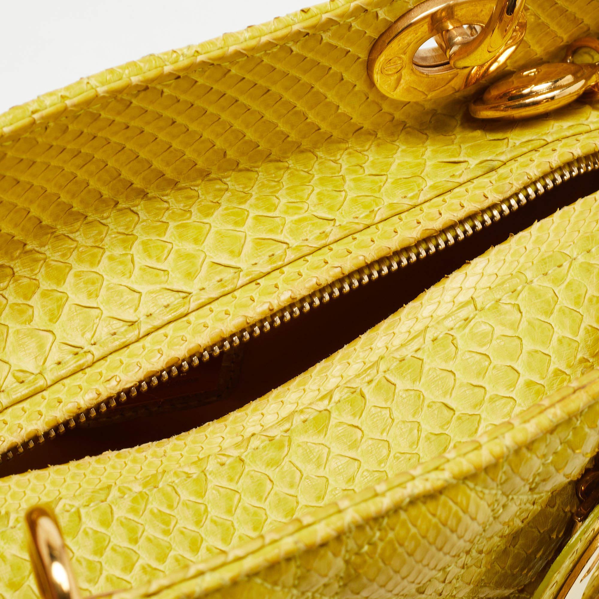 Dior Yellow Cannage Python Leather Medium Lady Dior Tote For Sale 10