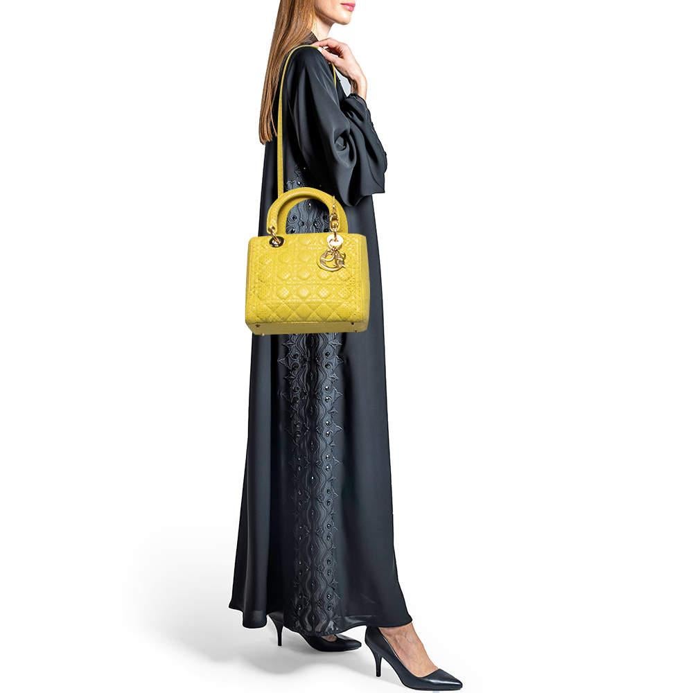 Dior Yellow Cannage Python Leather Medium Lady Dior Tote In Good Condition For Sale In Dubai, Al Qouz 2