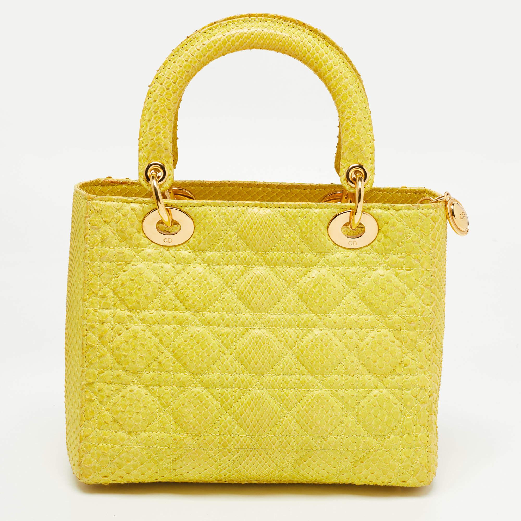 Dior Yellow Cannage Python Leather Medium Lady Dior Tote For Sale 2