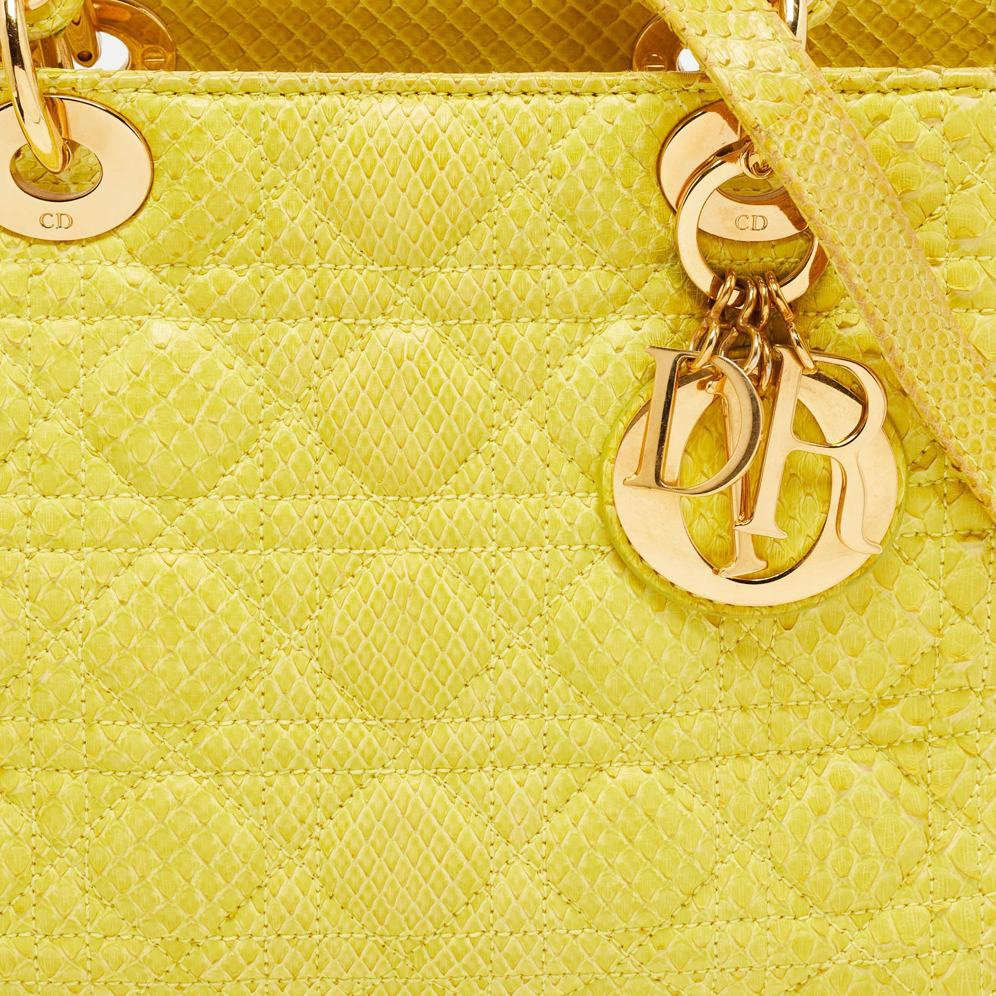 Dior Yellow Cannage Python Leather Medium Lady Dior Tote For Sale 3