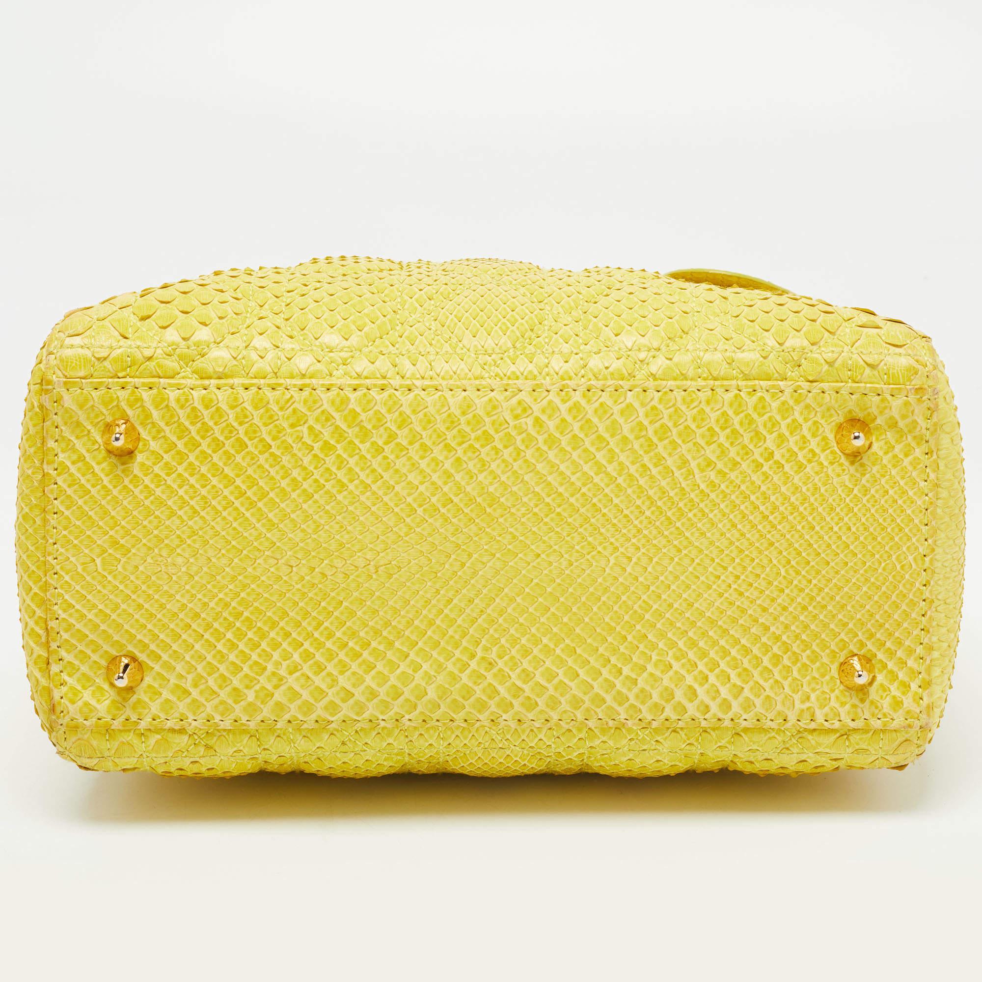 Dior Yellow Cannage Python Leather Medium Lady Dior Tote For Sale 4