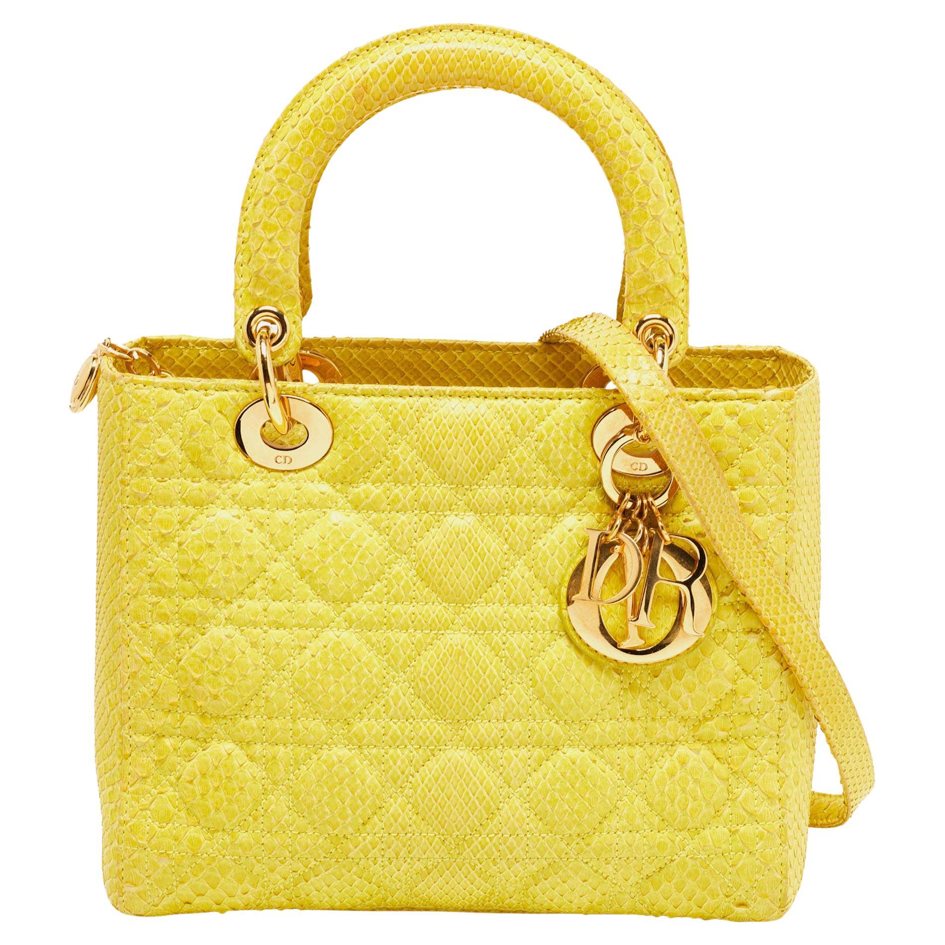 Dior Yellow Cannage Python Leather Medium Lady Dior Tote For Sale